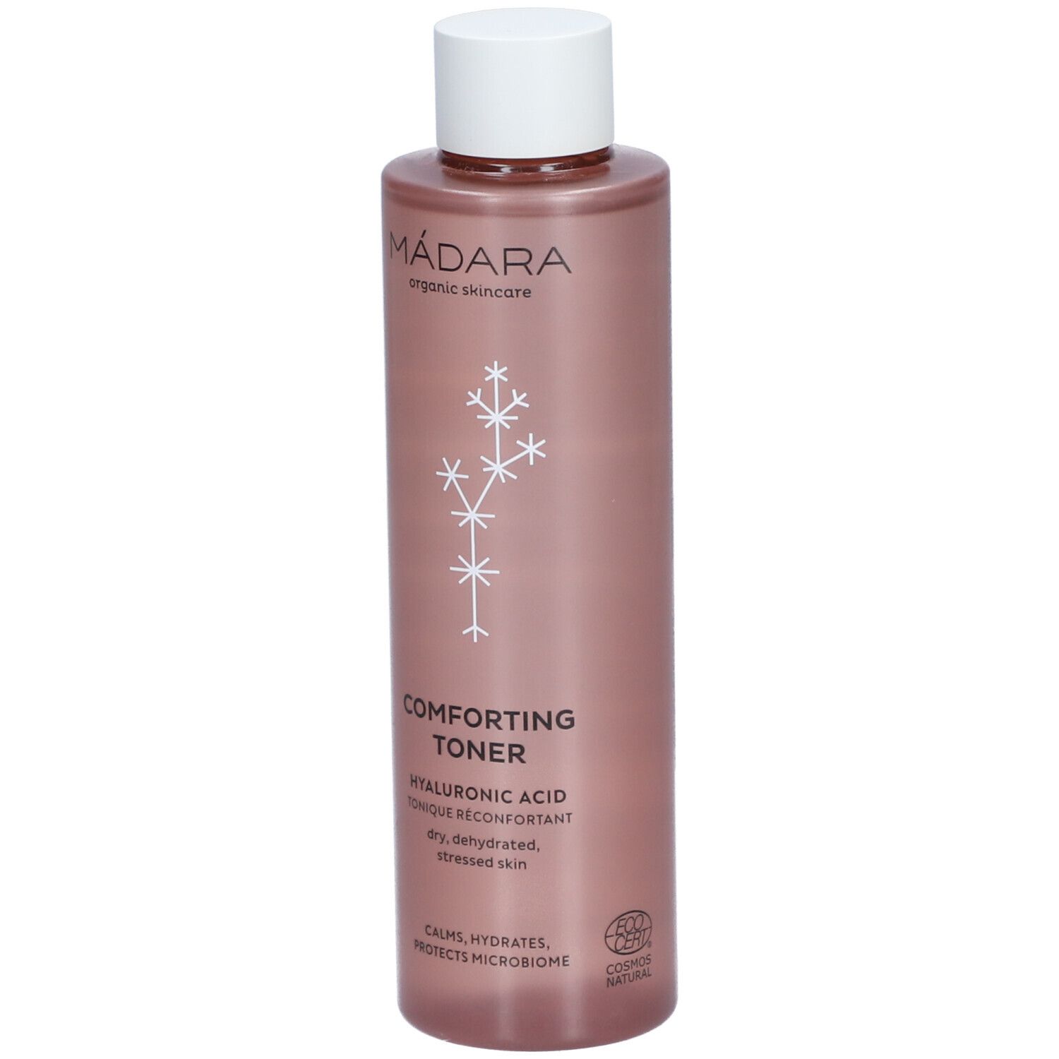 Flacone rosa con tappo bianco. Scritta: MÁDARA, Comforting Toner, Acido Ialuronico. Per pelli secche, disidratate.