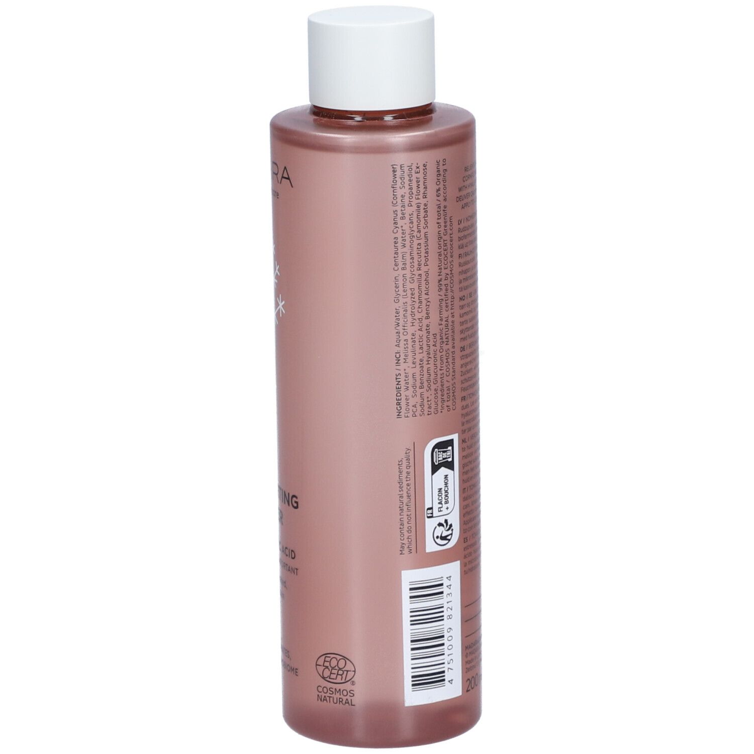 Flacone rosa con tappo bianco. Retro con testo. Scritta: Comforting Toner, Acido Ialuronico. Per pelli secche, disidratate.
