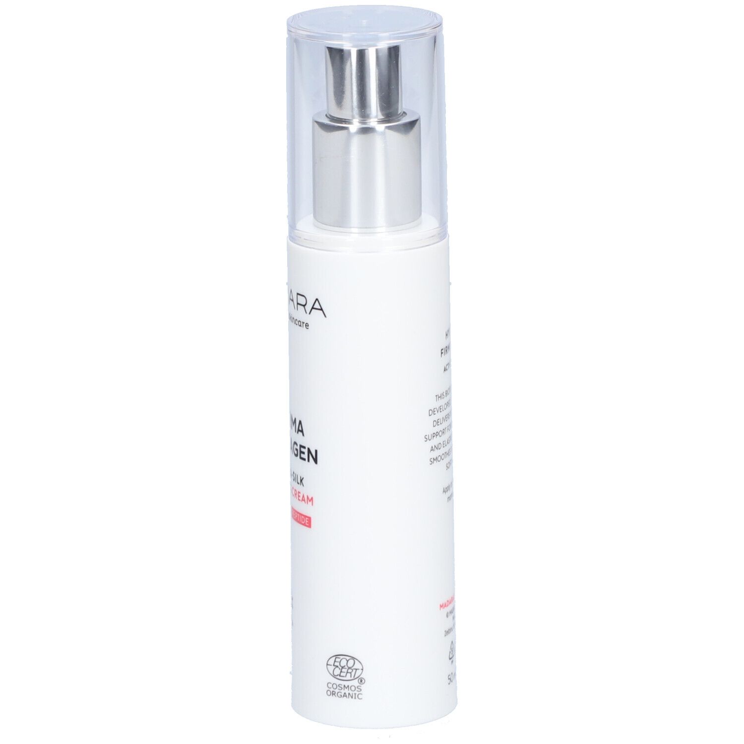 Flacone bianco con dosatore. Scritta: Mádara, Derma Collagen Hydra-Silk Firming Cream. Con certificazione.