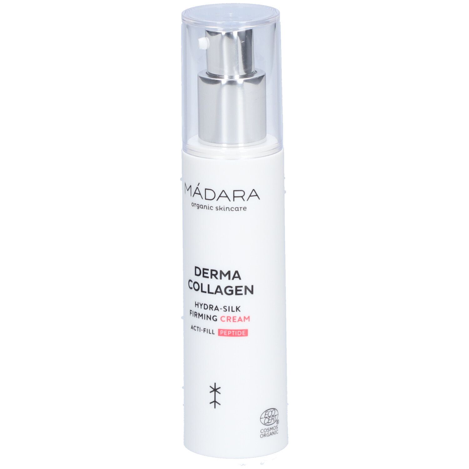 Flacone bianco con dosatore. Scritta: Mádara, Derma Collagen Hydra-Silk Firming Cream. Con certificazione.