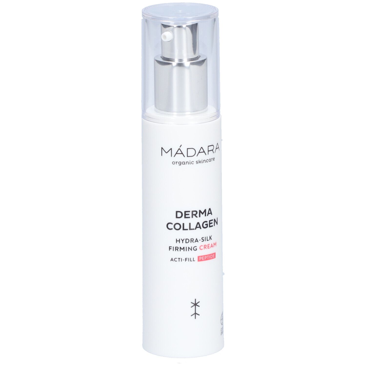Flacone bianco con dosatore. Scritta: Mádara, Derma Collagen Hydra-Silk Firming Cream. Con certificazione.