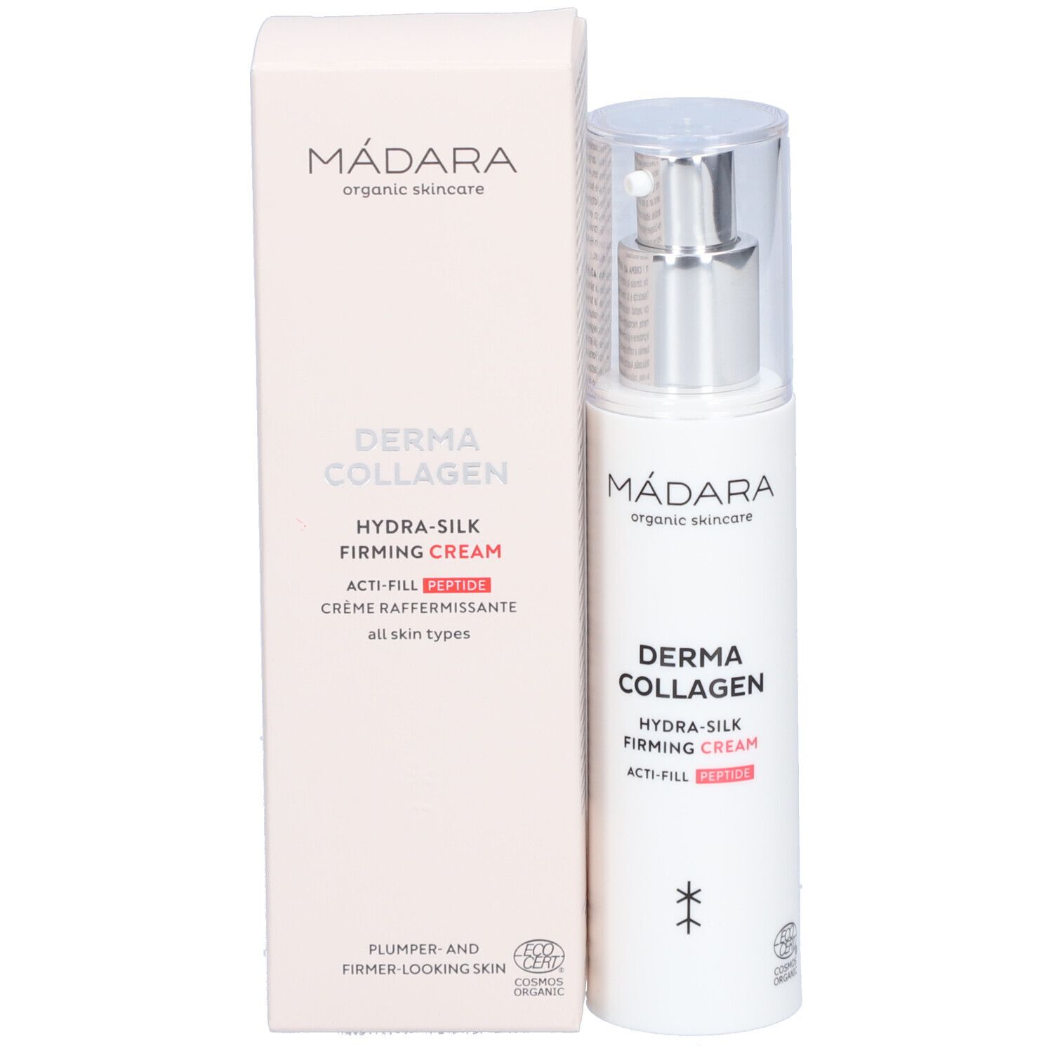 Confezione del prodotto con flacone. Scritta: Mádara, Derma Collagen Hydra-Silk Firming Cream. Con certificazione.