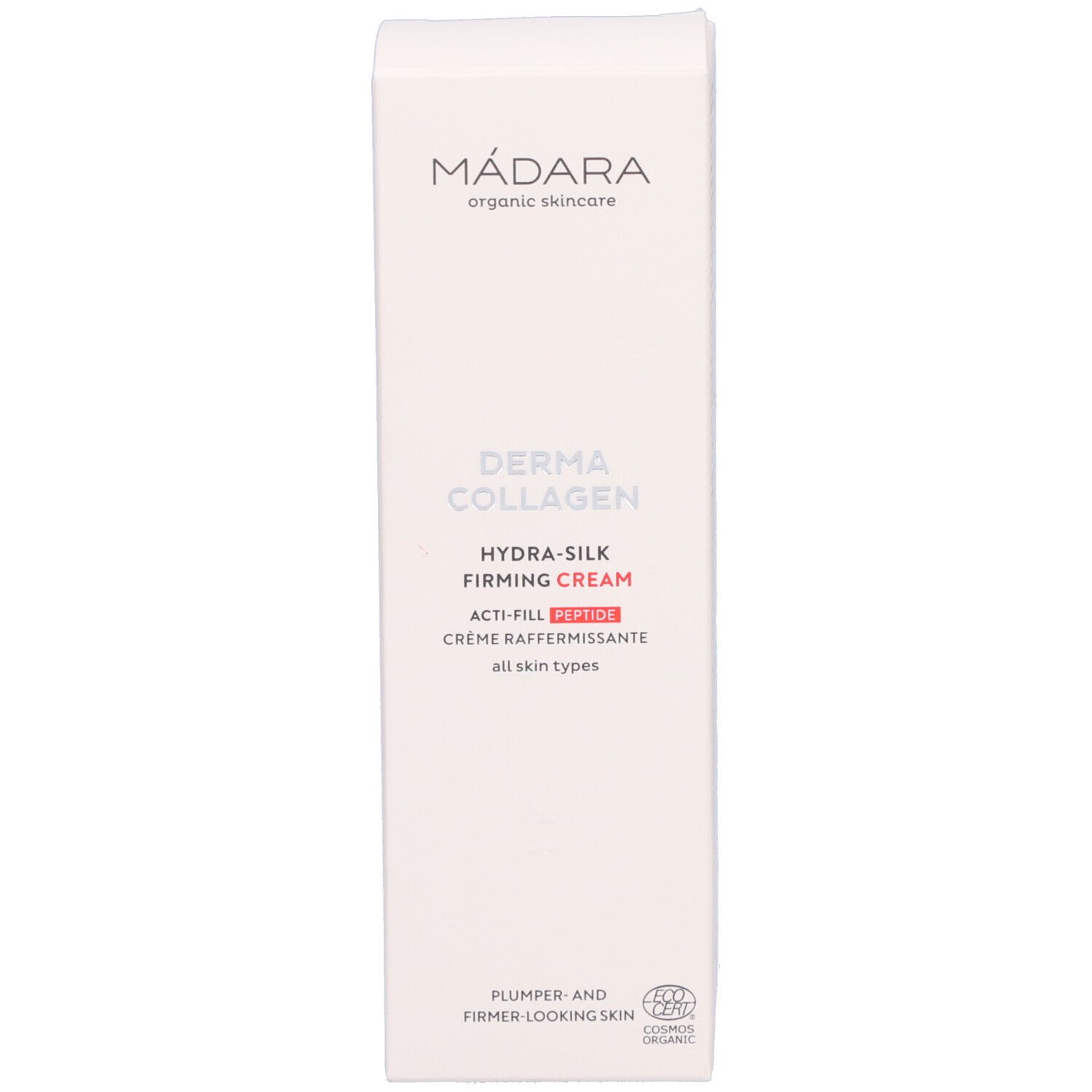 Confezione del prodotto. Scritta: Mádara, Derma Collagen Hydra-Silk Firming Cream. Con certificazione.