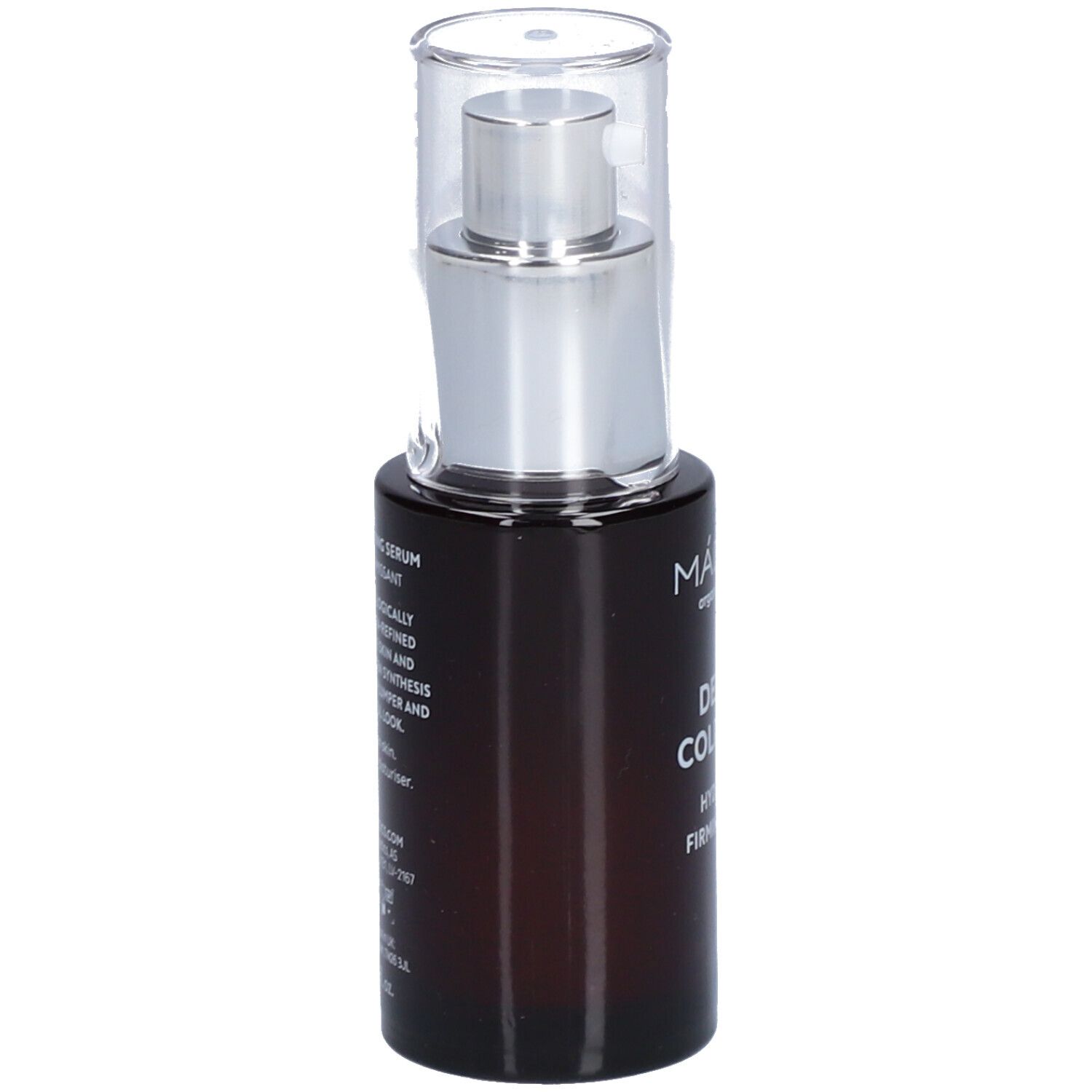 Flacone marrone con erogatore argento. Scritta e testo sul retro. Certificazione.