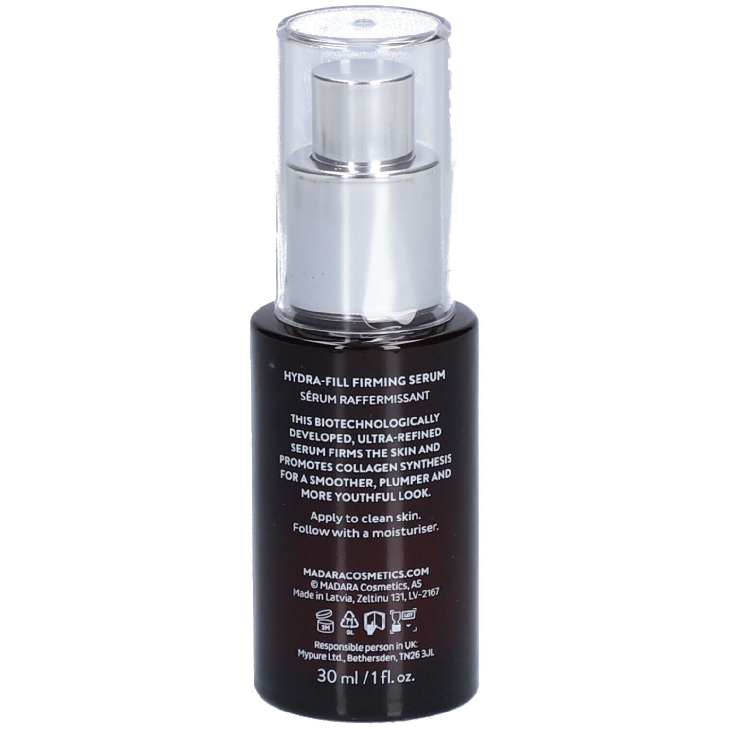 Flacone marrone con erogatore argento. Scritta e testo sul retro. Certificazione.