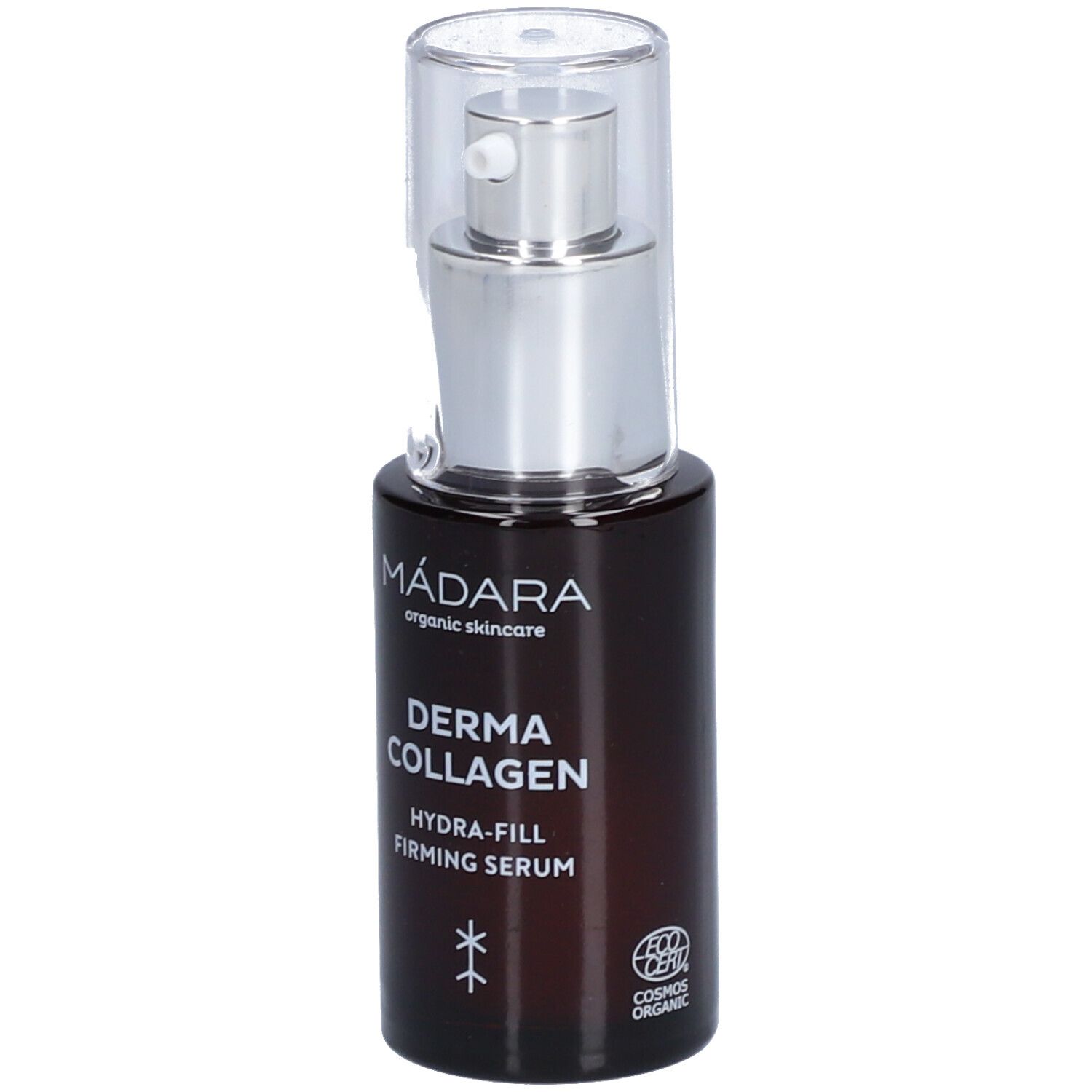 Flacone marrone con erogatore argento. Scritta: Derma Collagen Hydra-Fill Firming Serum. Logo.