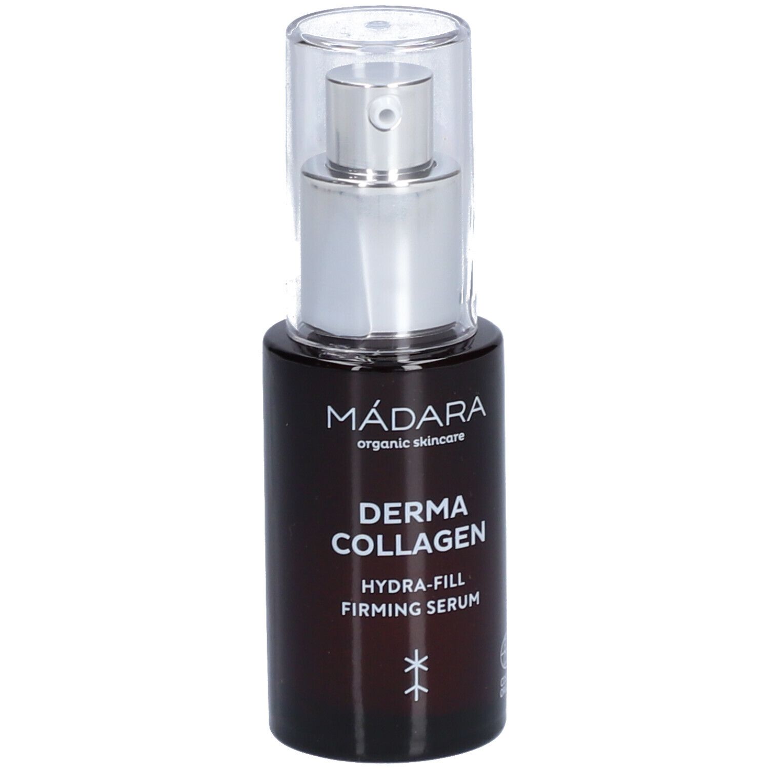 Flacone marrone con erogatore argento. Scritta: Derma Collagen Hydra-Fill Firming Serum. Logo.