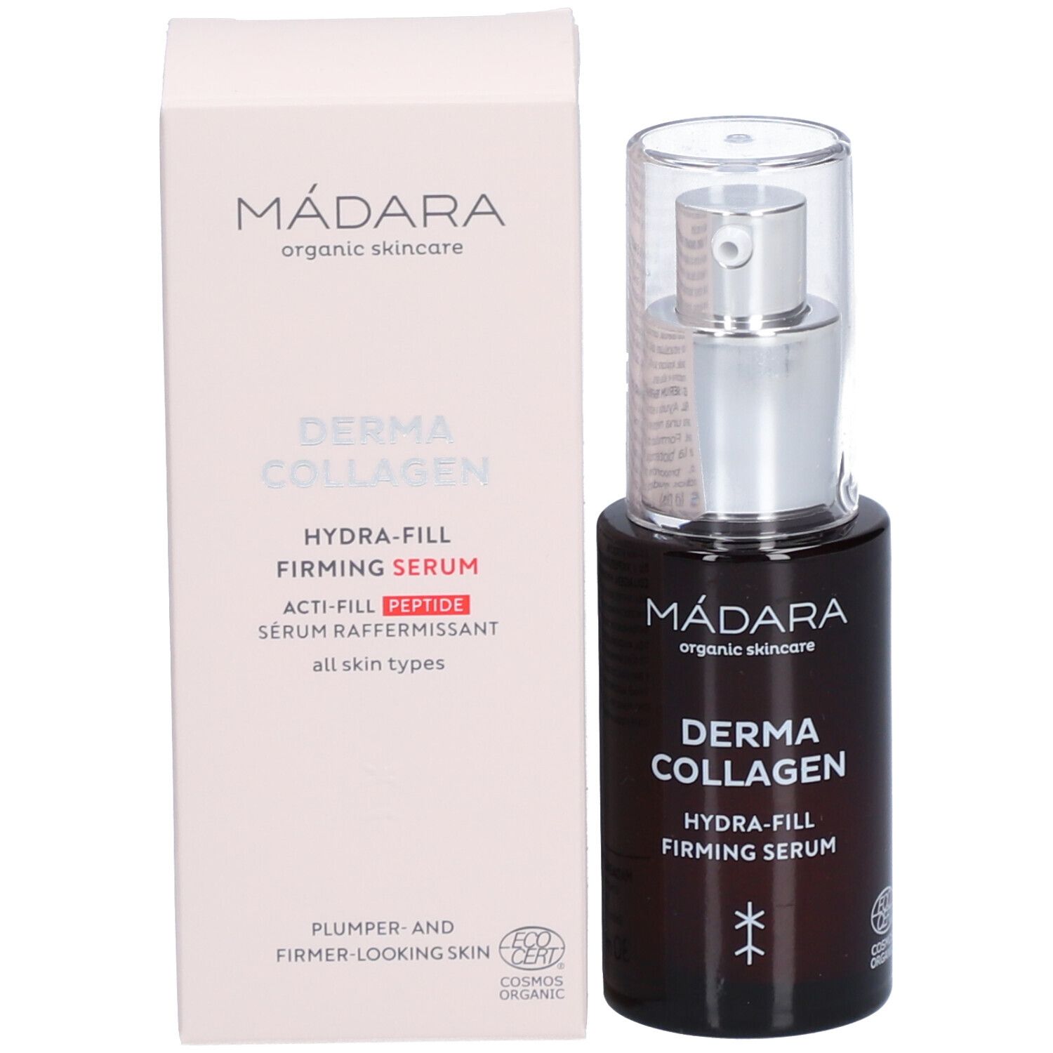 Flacone e confezione del prodotto. Scritta: Derma Collagen Hydra-Fill Firming Serum. Logo.