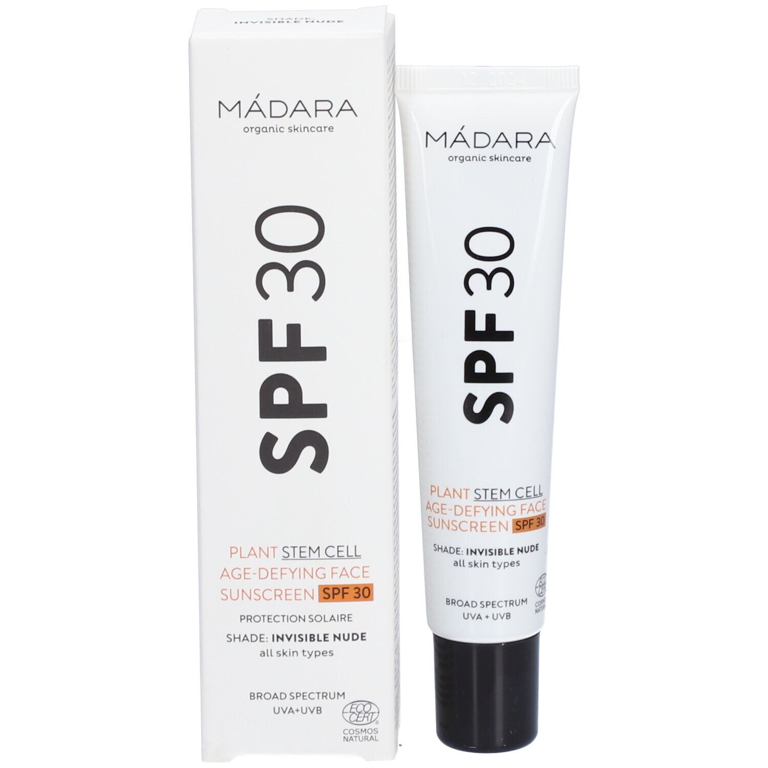 Confezione del prodotto. Scatola e tubo bianchi. Scritta: MÁDARA, SPF 30, Plant Stem Cell Age-Defying Face Sunscreen.