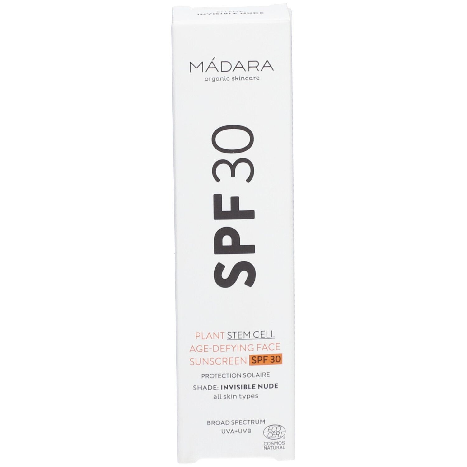 Scatola bianca con scritta: MÁDARA, SPF 30, Plant Stem Cell Age-Defying Face Sunscreen. Certificazione.