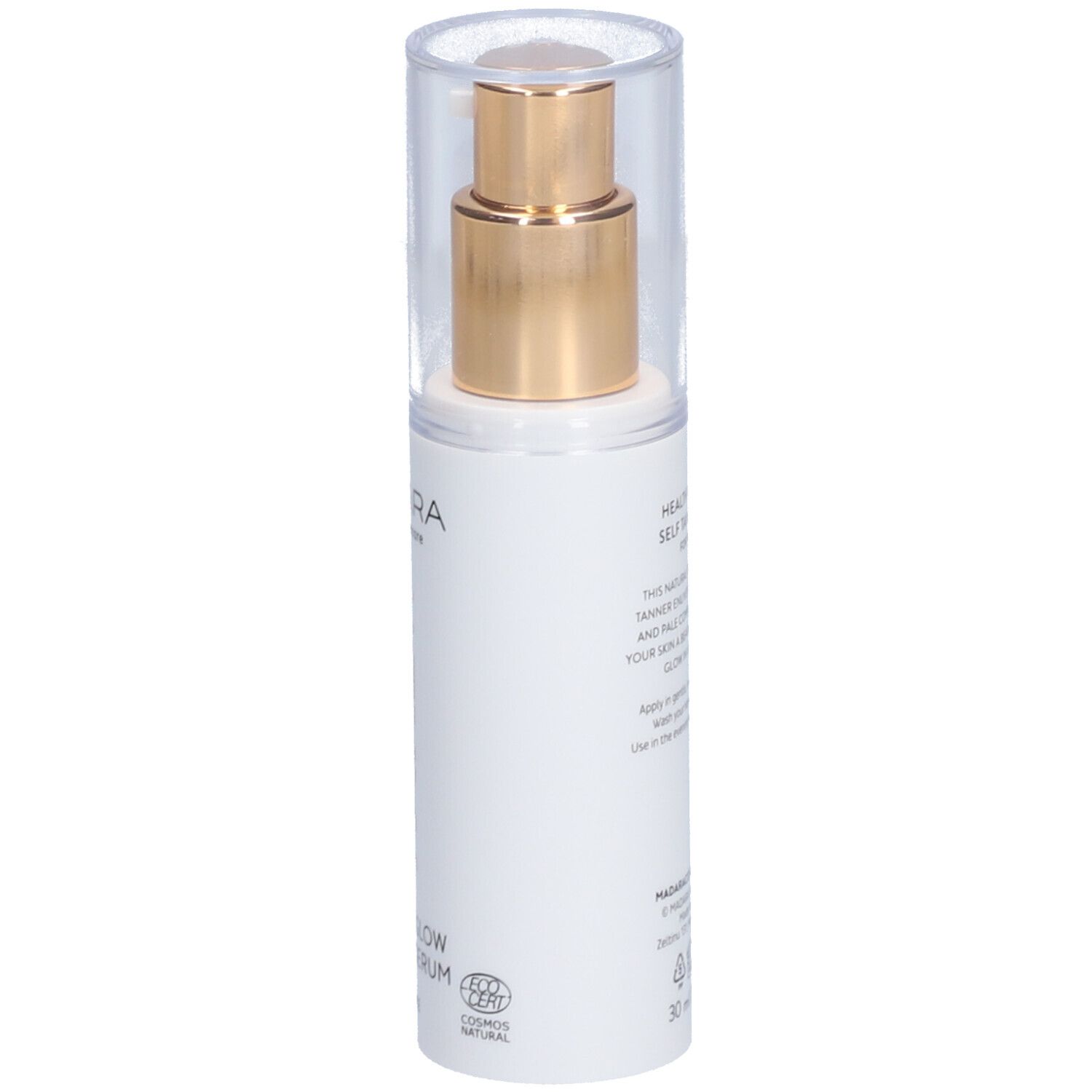 Flacone di siero bianco con erogatore dorato e cappuccio trasparente. Scritta: HEALTHY GLOW SELF TAN SERUM.