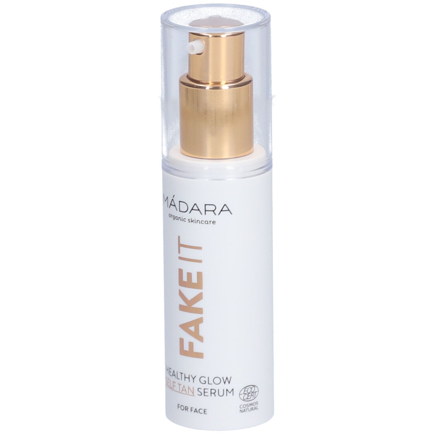 Flacone di siero bianco con erogatore dorato e cappuccio trasparente. Scritta: FAKE IT, HEALTHY GLOW.