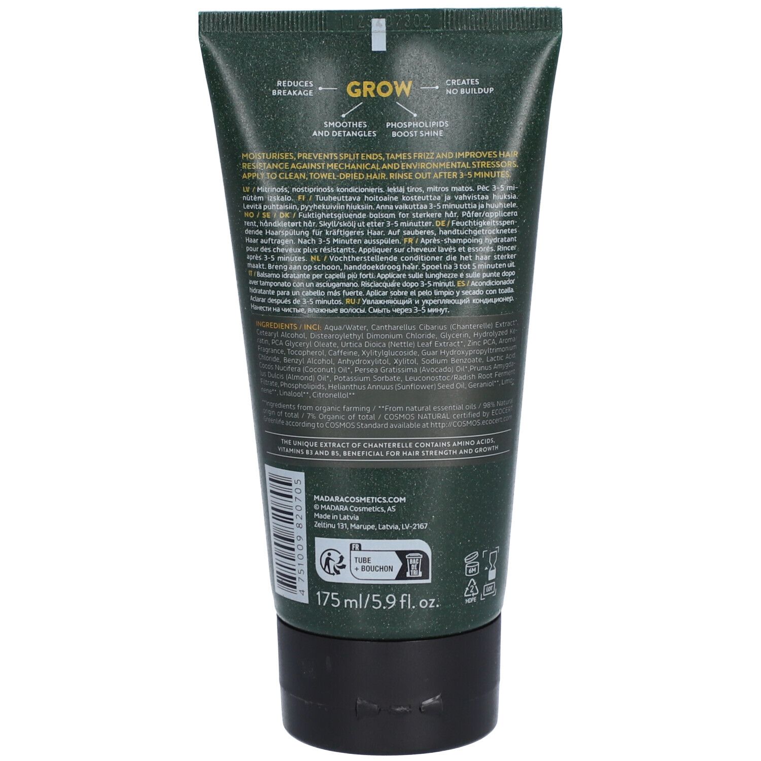 Retro del tubo verde. Testo multilingue. Ingredienti e informazioni del produttore. Tappo nero.