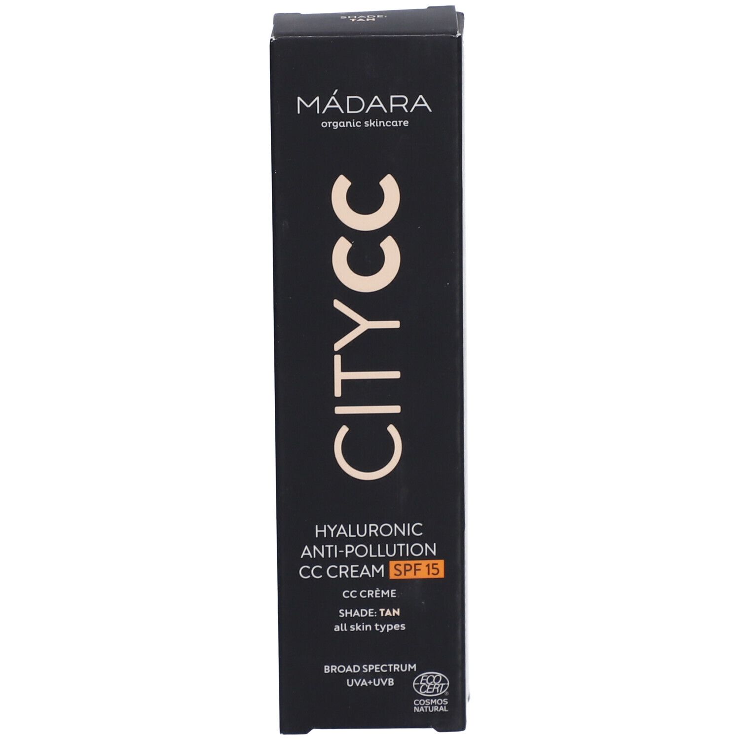 Scatola nera. Scritta: MÁDARA, CITY CC, Crema CC anti-inquinamento all'acido ialuronico SPF15. Tonalità Tan. Cosmos Natural.