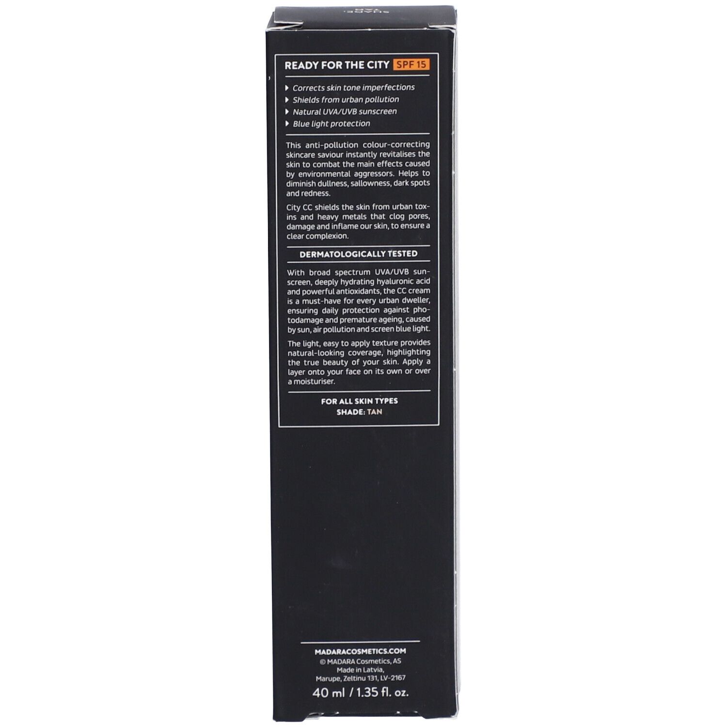 Scatola, retro. Testo: benefici della crema, uso, ingredienti. Dermatologicamente testato. 40 ml.