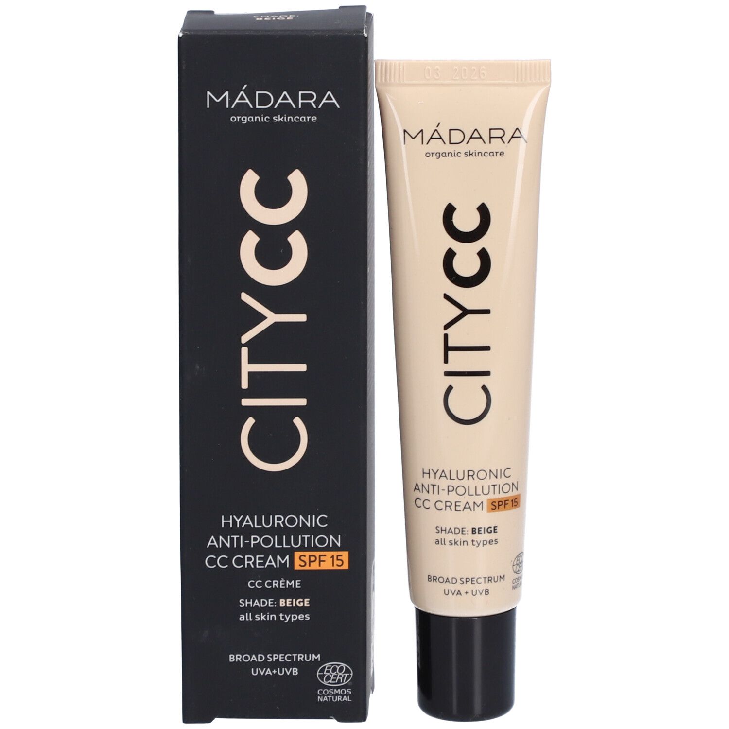 Scatola nera e tubo. Scritta: Mádara CITY CC, Hyaluronic Anti-Pollution CC Cream SPF 15.