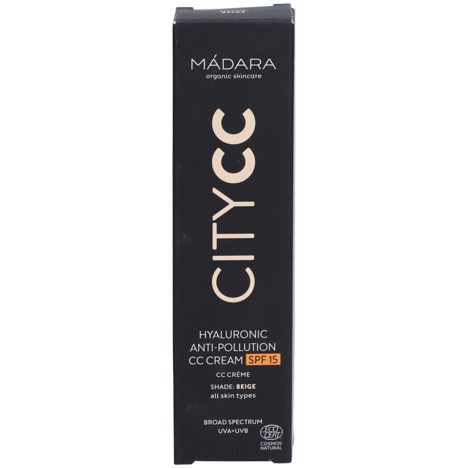 Scatola nera. Scritta: Mádara CITY CC, Hyaluronic Anti-Pollution CC Cream SPF 15.