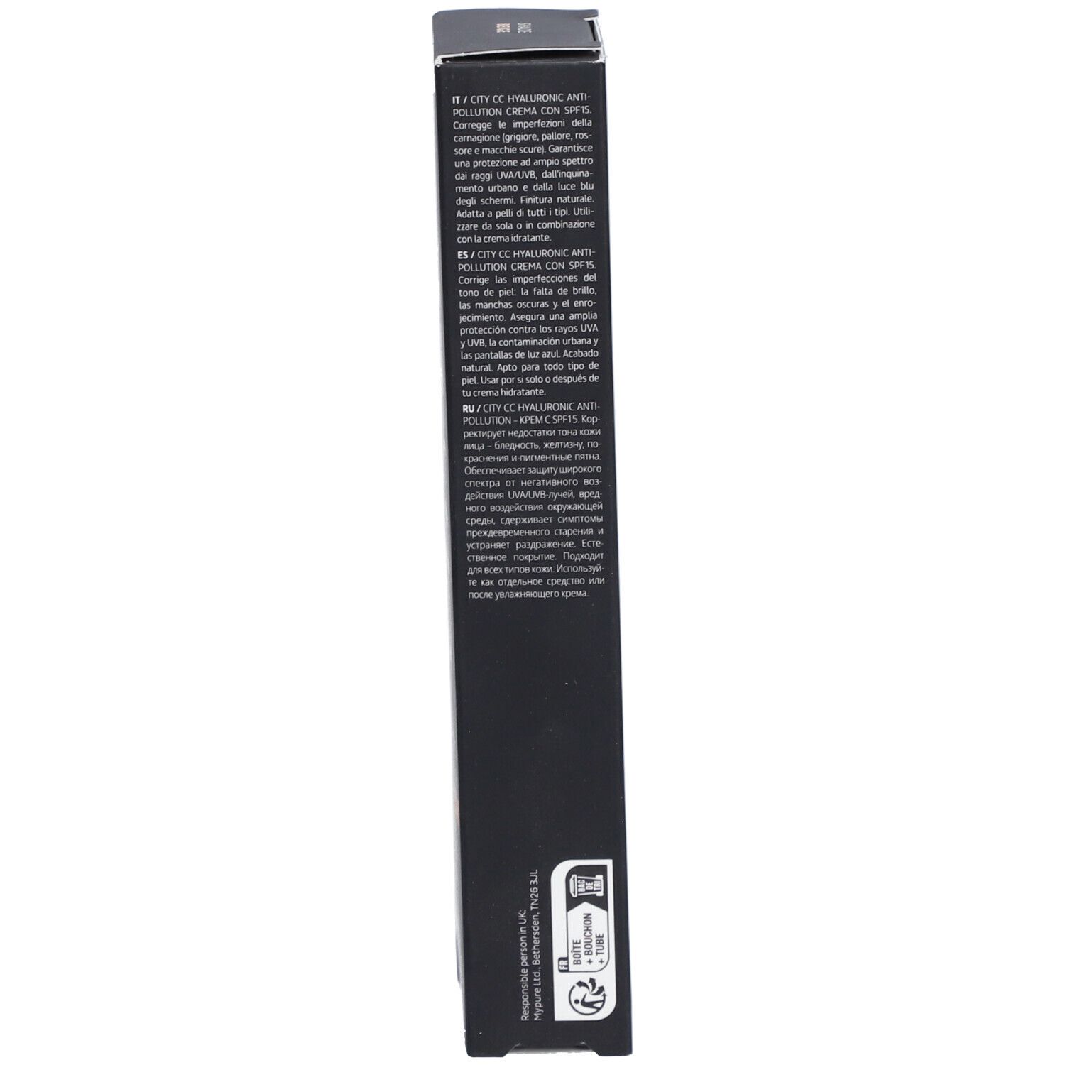 Lato della scatola nera. Testo in più lingue. Informazioni sul prodotto.