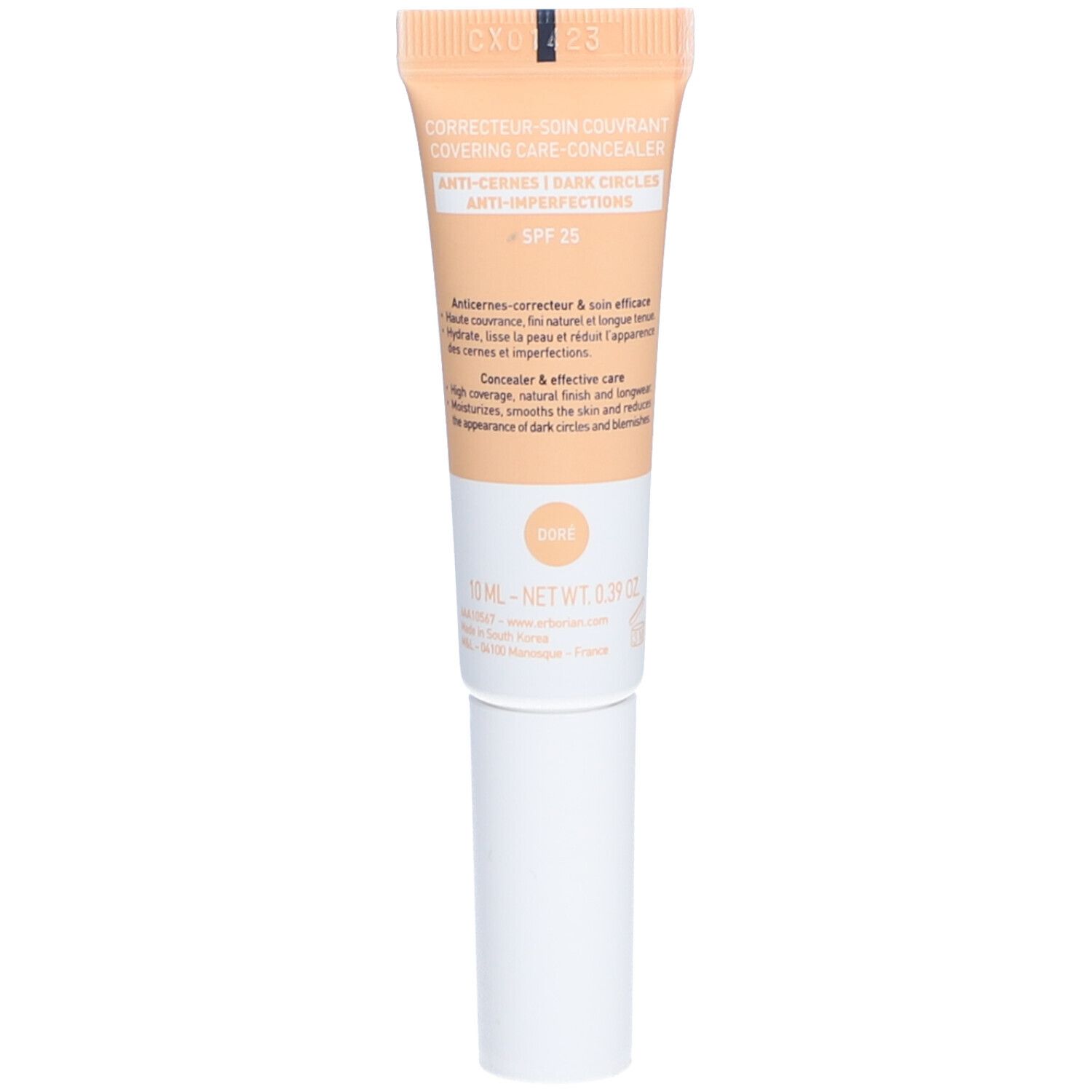 Erborian Super BB Concealer Dore. Retro del tubetto con informazioni sul prodotto. Testo multilingue. SPF 25.