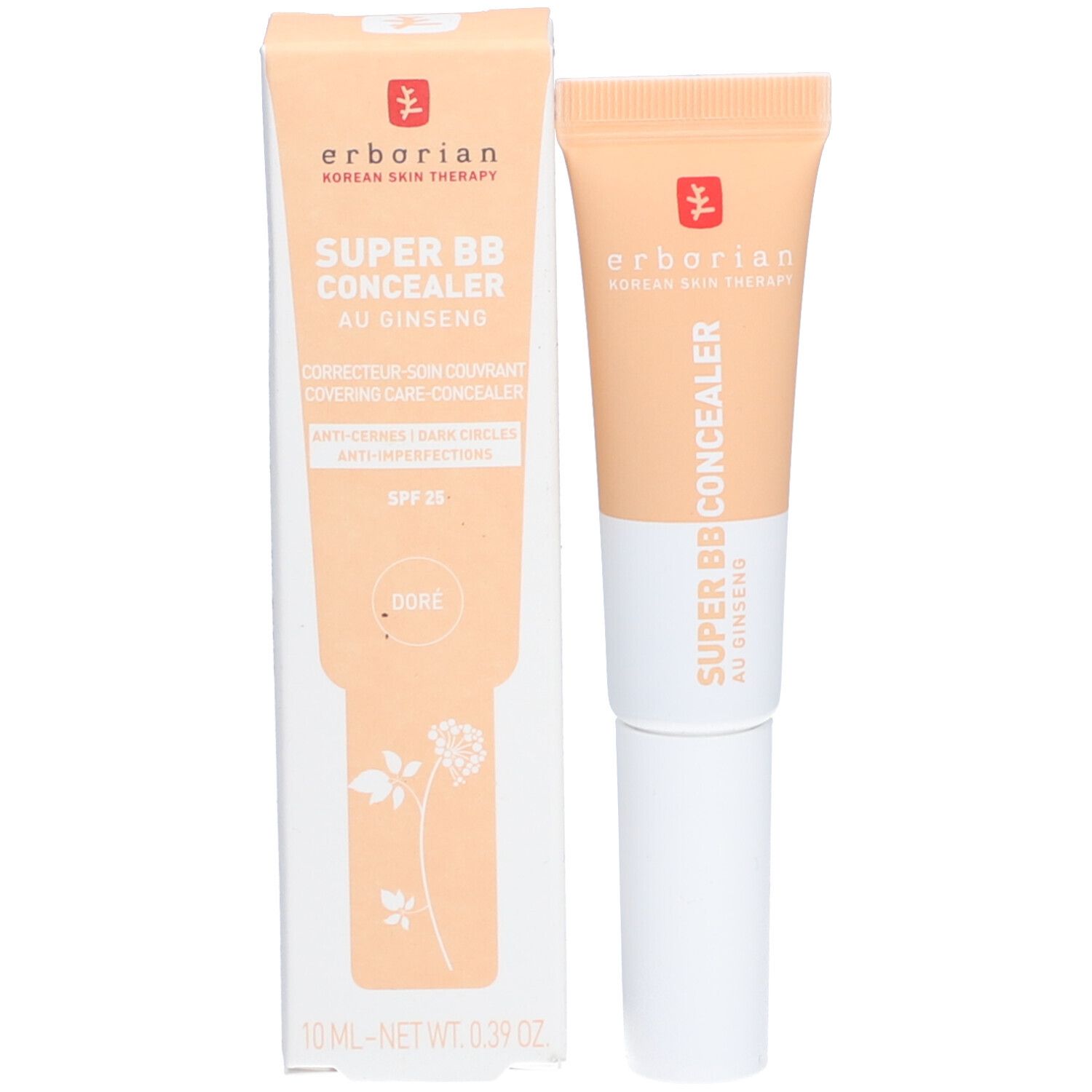 Erborian Super BB Concealer Dore e confezione. Tubetto e scatola. Nome del prodotto e marchio visibili. Beige e bianco.