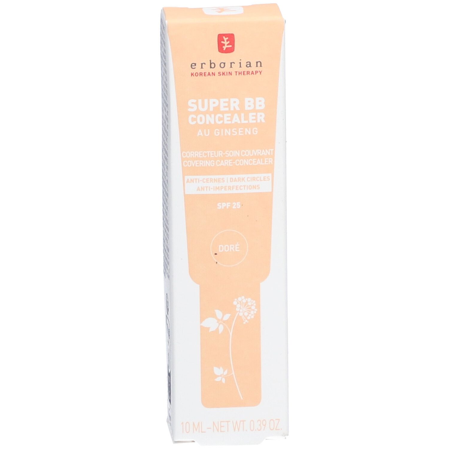 Erborian Super BB Concealer Dore. Confezione. Nome del prodotto e marchio visibili. Beige e bianco. SPF 25.