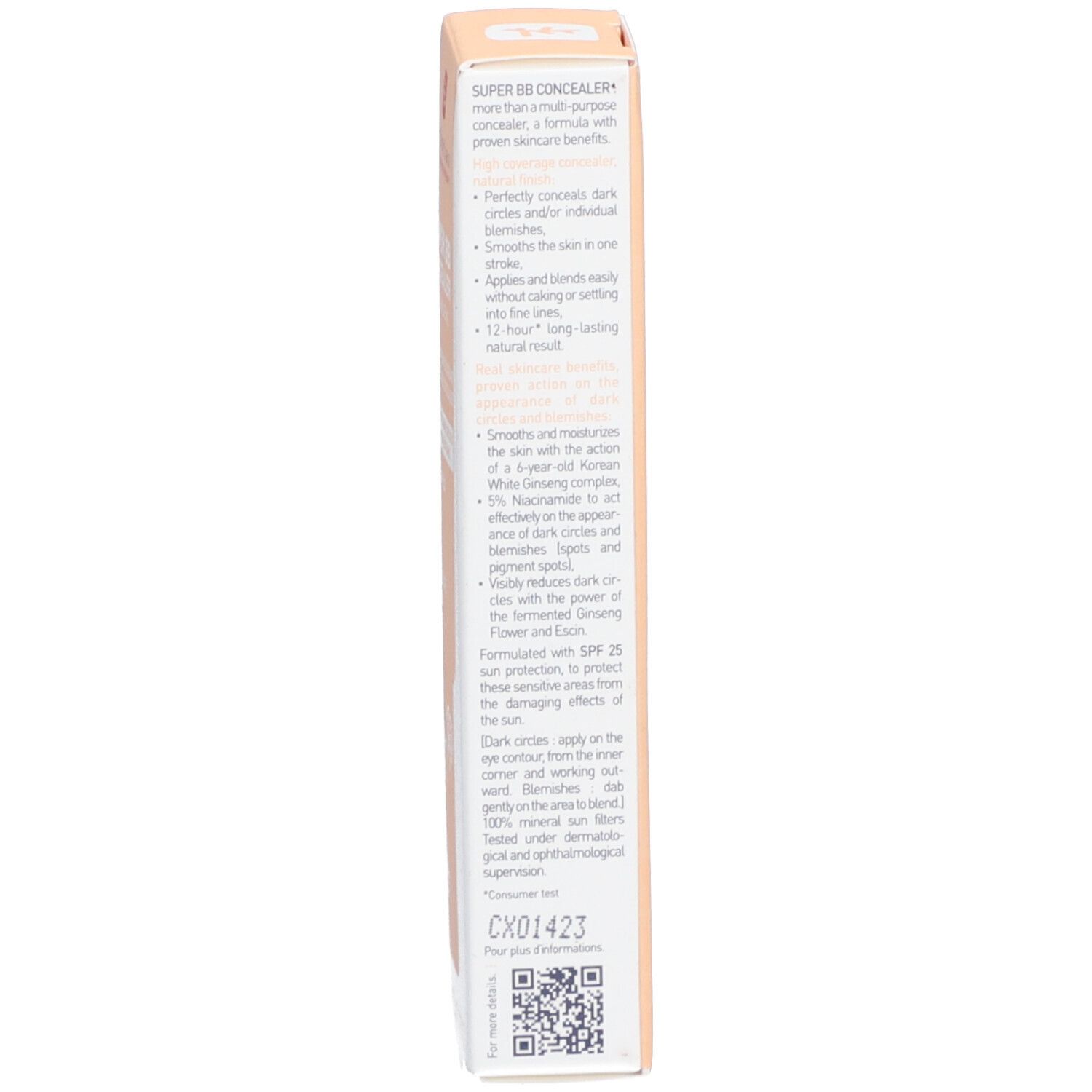 Erborian Super BB Concealer Dore. Confezione. Informazioni sul prodotto. Testo multilingue. Beige. Codice QR.