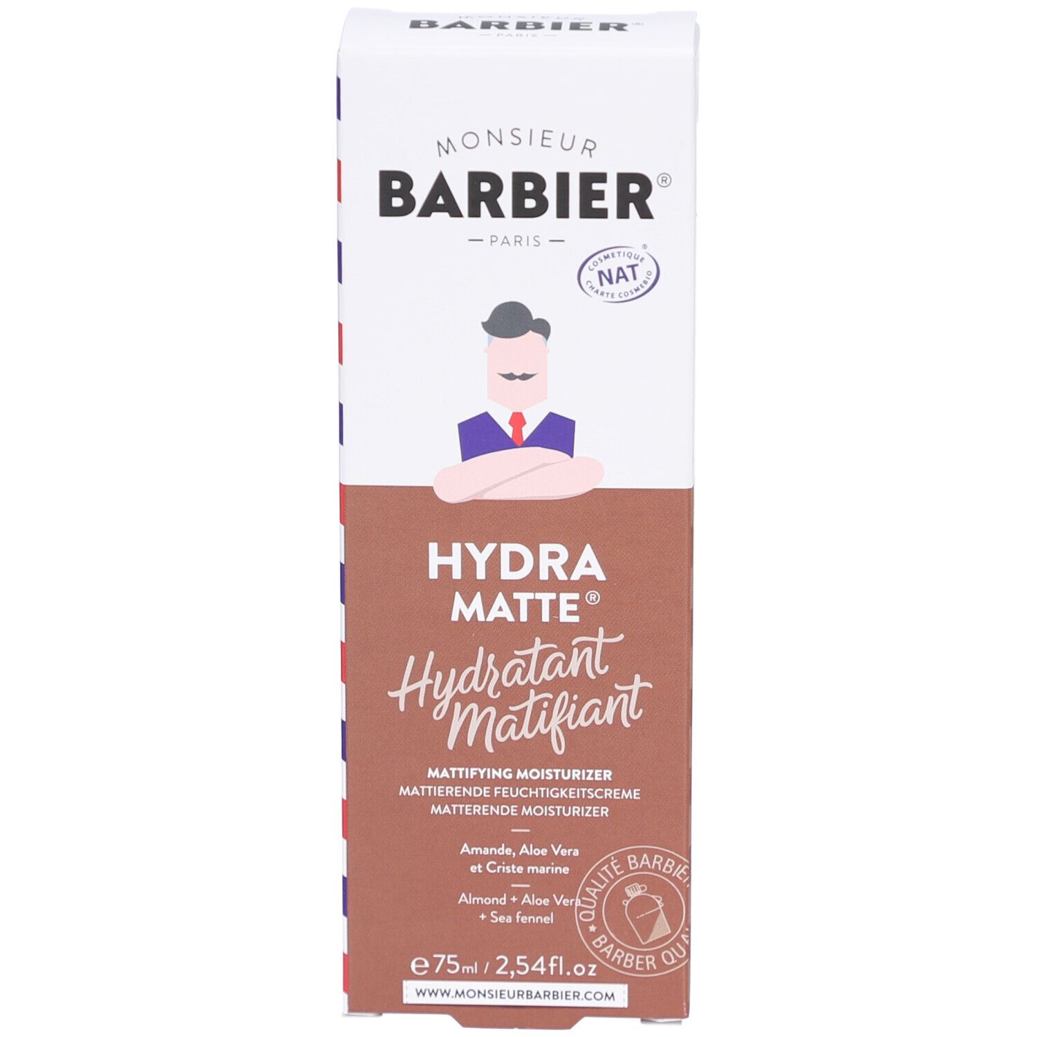 Confezione in cartone. Scritta: Hydra Matte, Hydratant Matifiant. Contiene mandorla, aloe vera e finocchio marino. Marchio: Monsieur BARBIER.