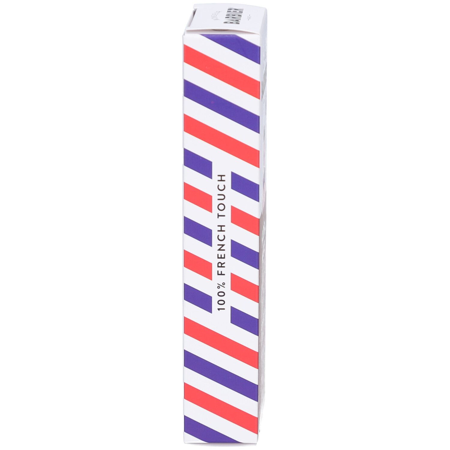 Vista laterale della confezione in cartone. Strisce rosse, bianche e blu. Scritta: 100% French Touch.