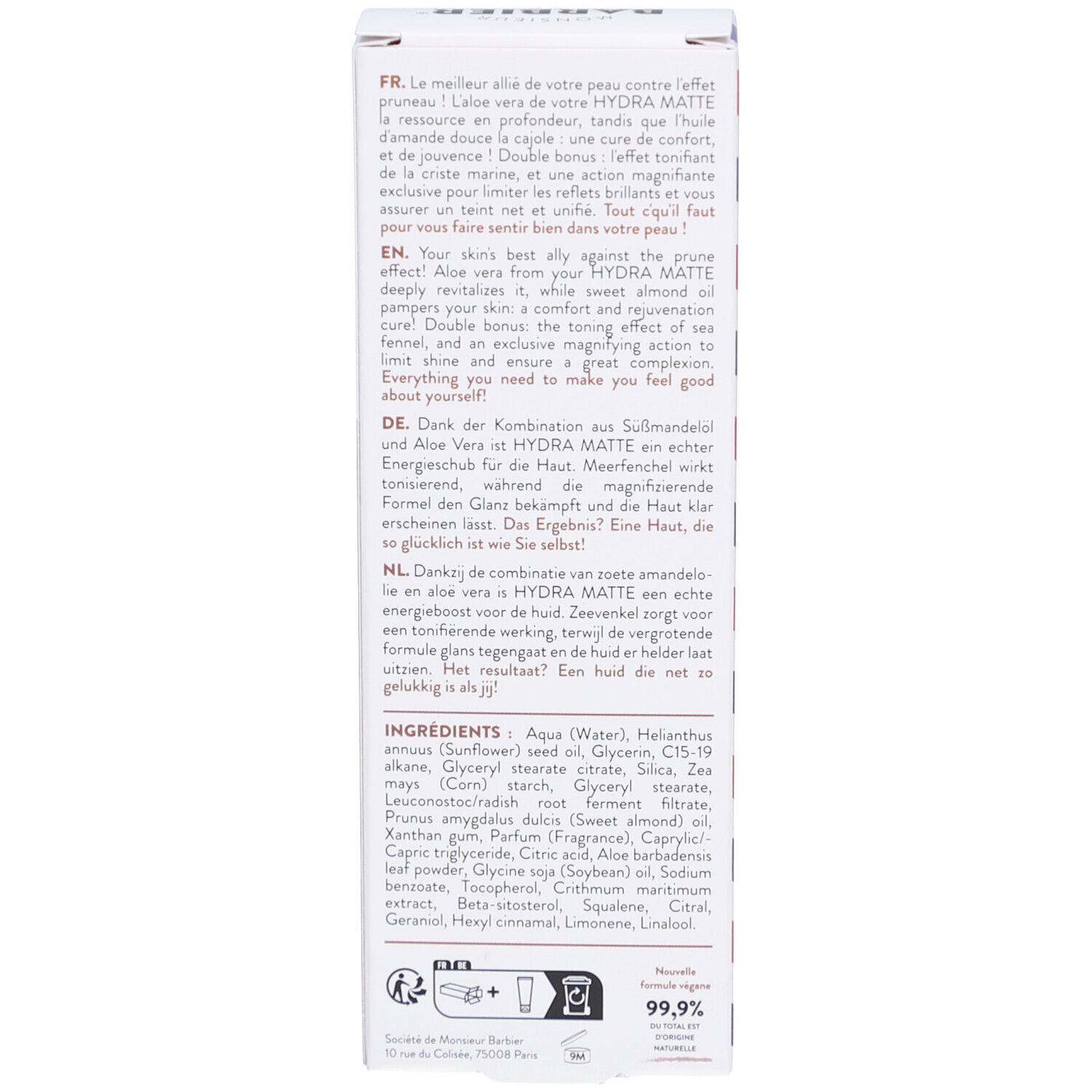 Retro della confezione in cartone. Testo in più lingue. Contiene informazioni sugli ingredienti e l'uso. Sigillo vegano.