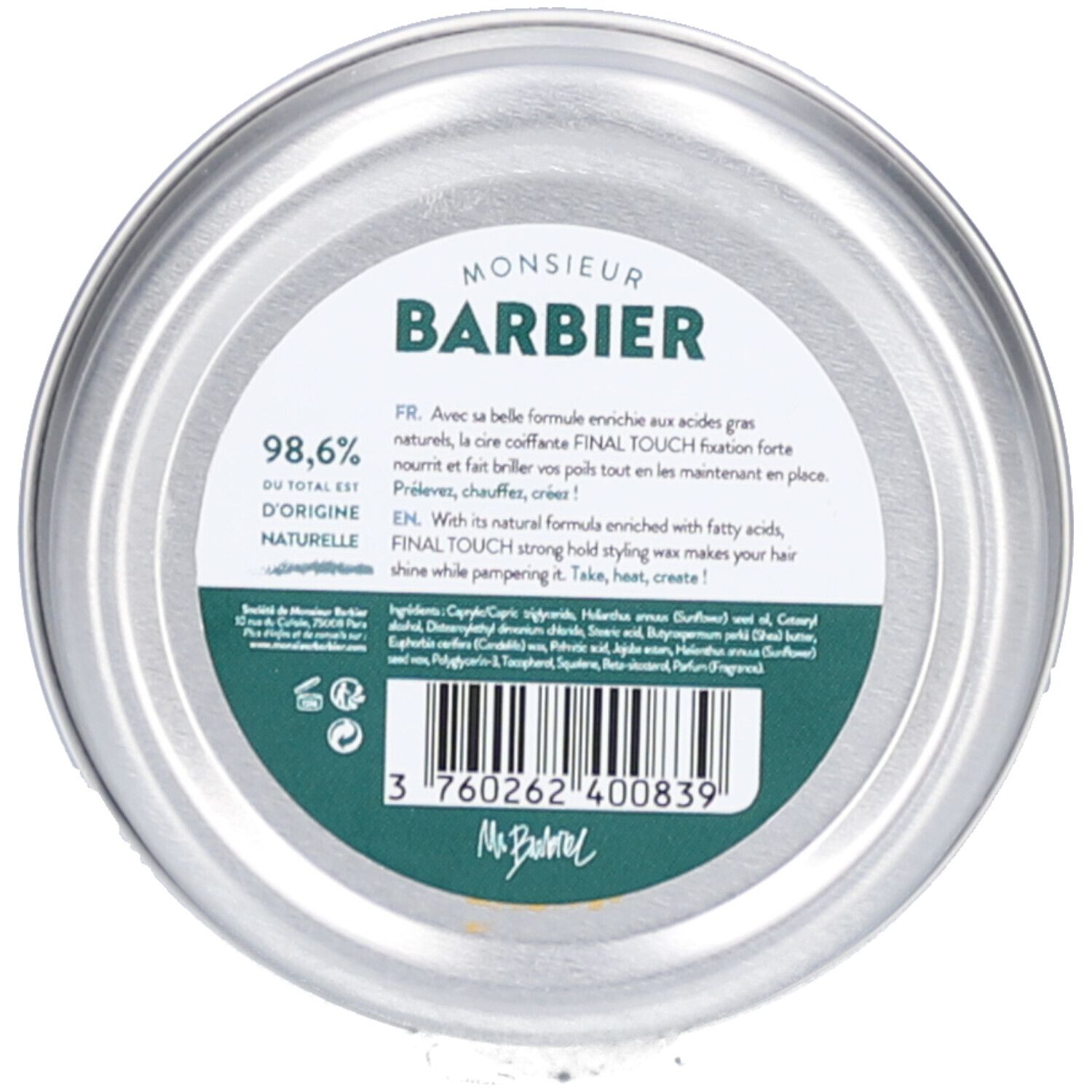 Barattolo rotondo con etichetta verde. Scritta: "MONSIEUR BARBIER", "98,6% du total est d'origine naturelle". Codice a barre.