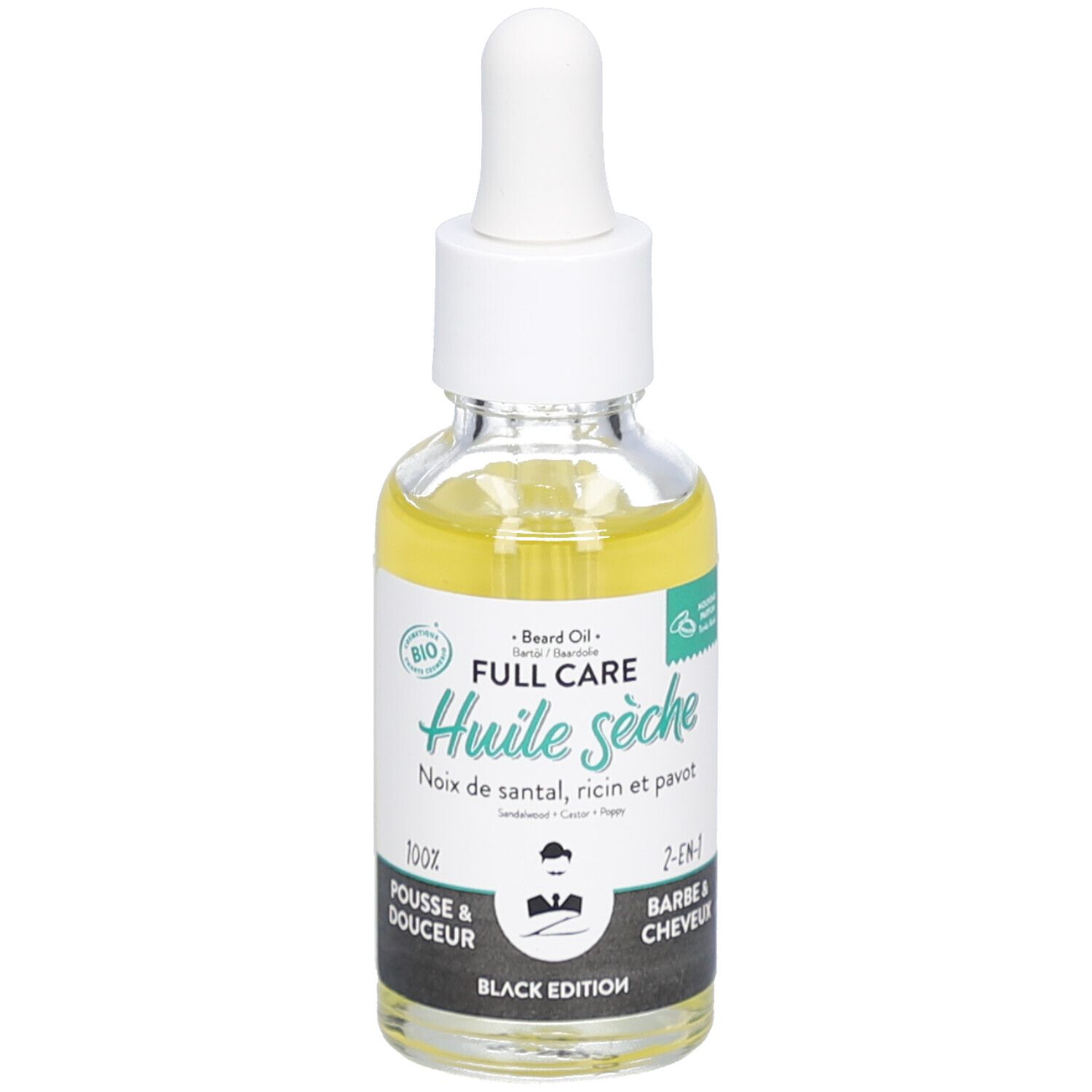 Bottiglia di vetro con olio giallo e pipetta. Etichetta nera con nome del prodotto e sigillo bio.