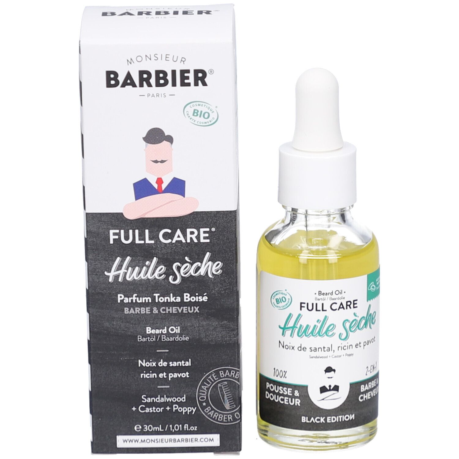 Bottiglia e confezione del prodotto. Bottiglia con olio giallo e pipetta. Confezione con logo e nome del prodotto.