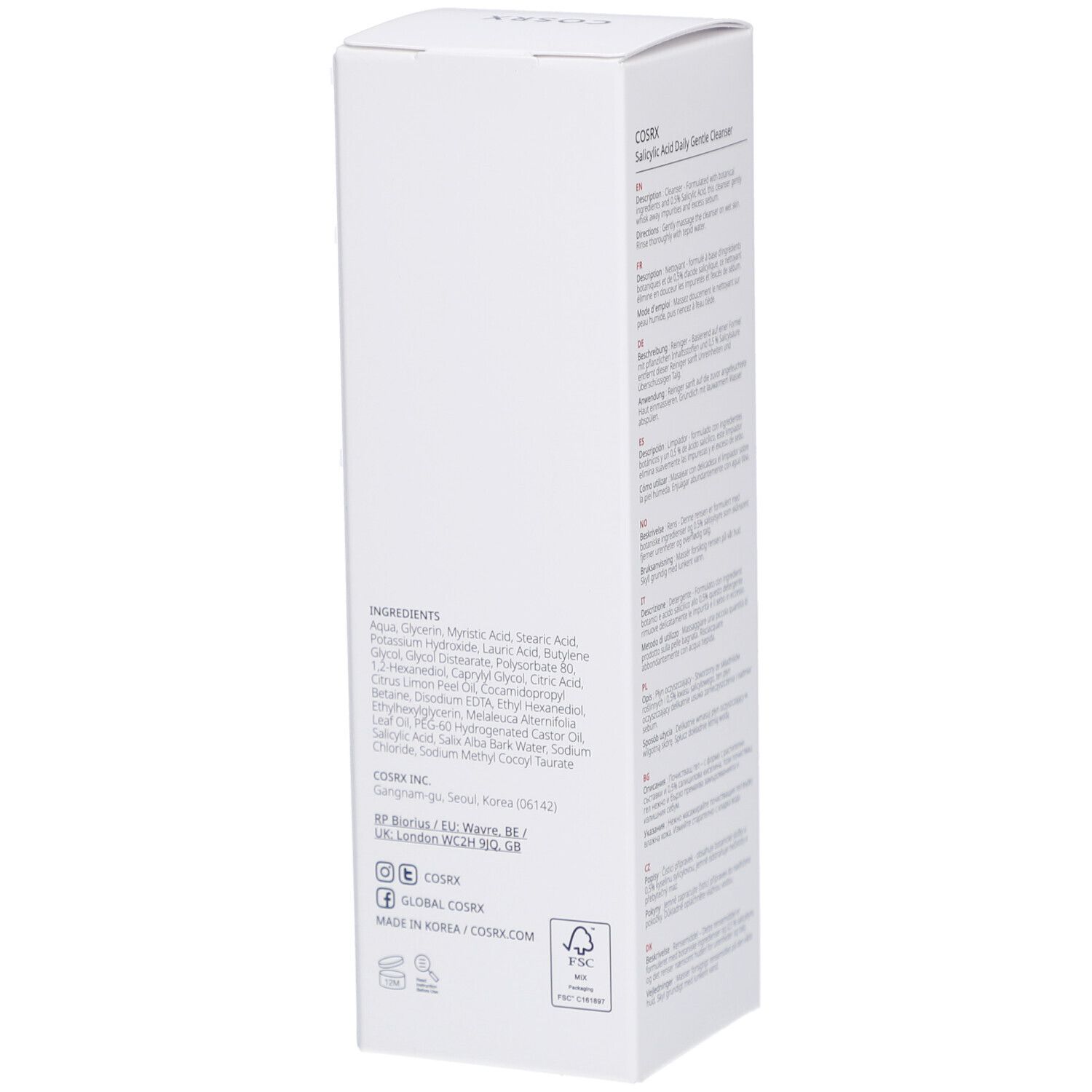 Confezione bianca con ingredienti e informazioni sul produttore. Testo: COSRX INC, Made in Korea.