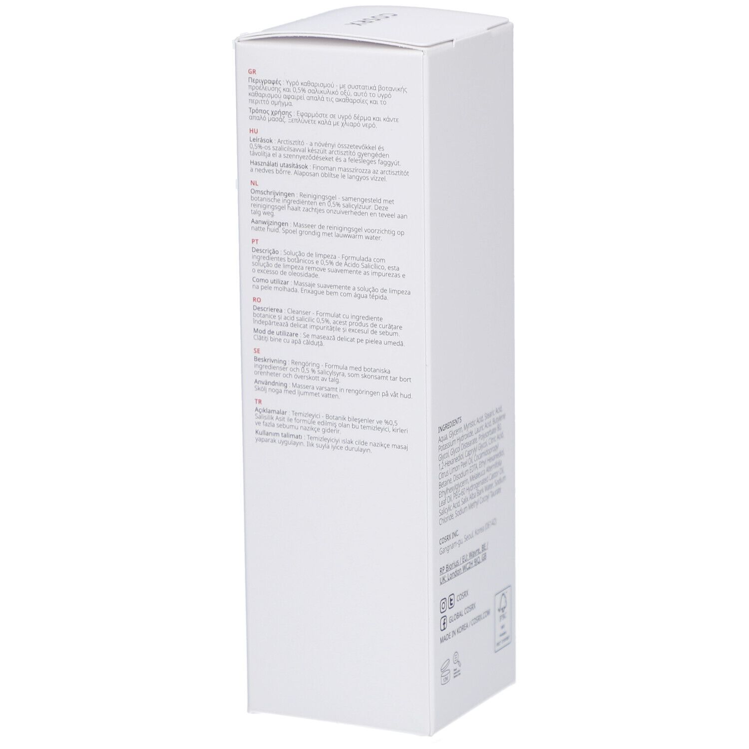 Confezione bianca con descrizione del prodotto in più lingue. Testo: COSRX Salicylsäure Daily Gentle Cleanser.