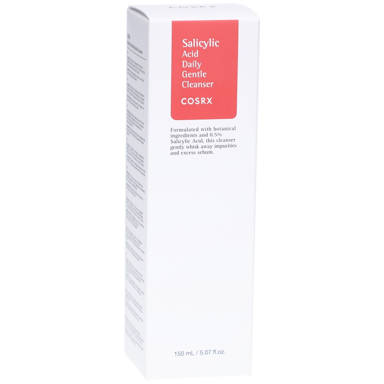 Confezione bianca con rettangolo rosso. Testo: Salicylsäure Daily Gentle Cleanser, COSRX. Descrizione del prodotto.