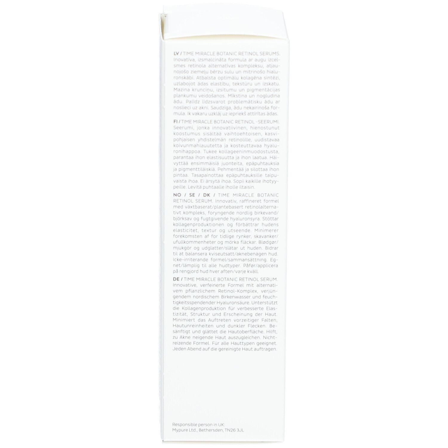 Confezione del siero. Testo in più lingue. Scritta: Time Miracle Botanic Retinol Serum.