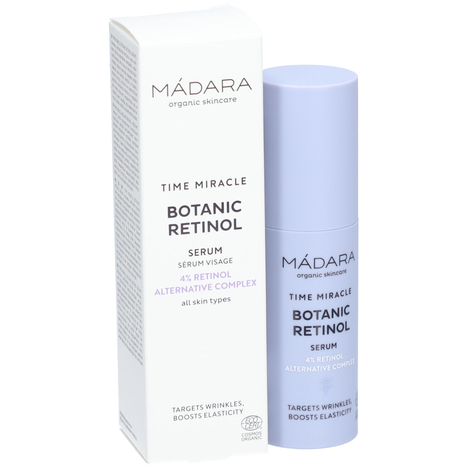 Flacone e confezione di siero. Scritta: Mádara, Time Miracle Botanic Retinol Serum, 4% Retinolo.