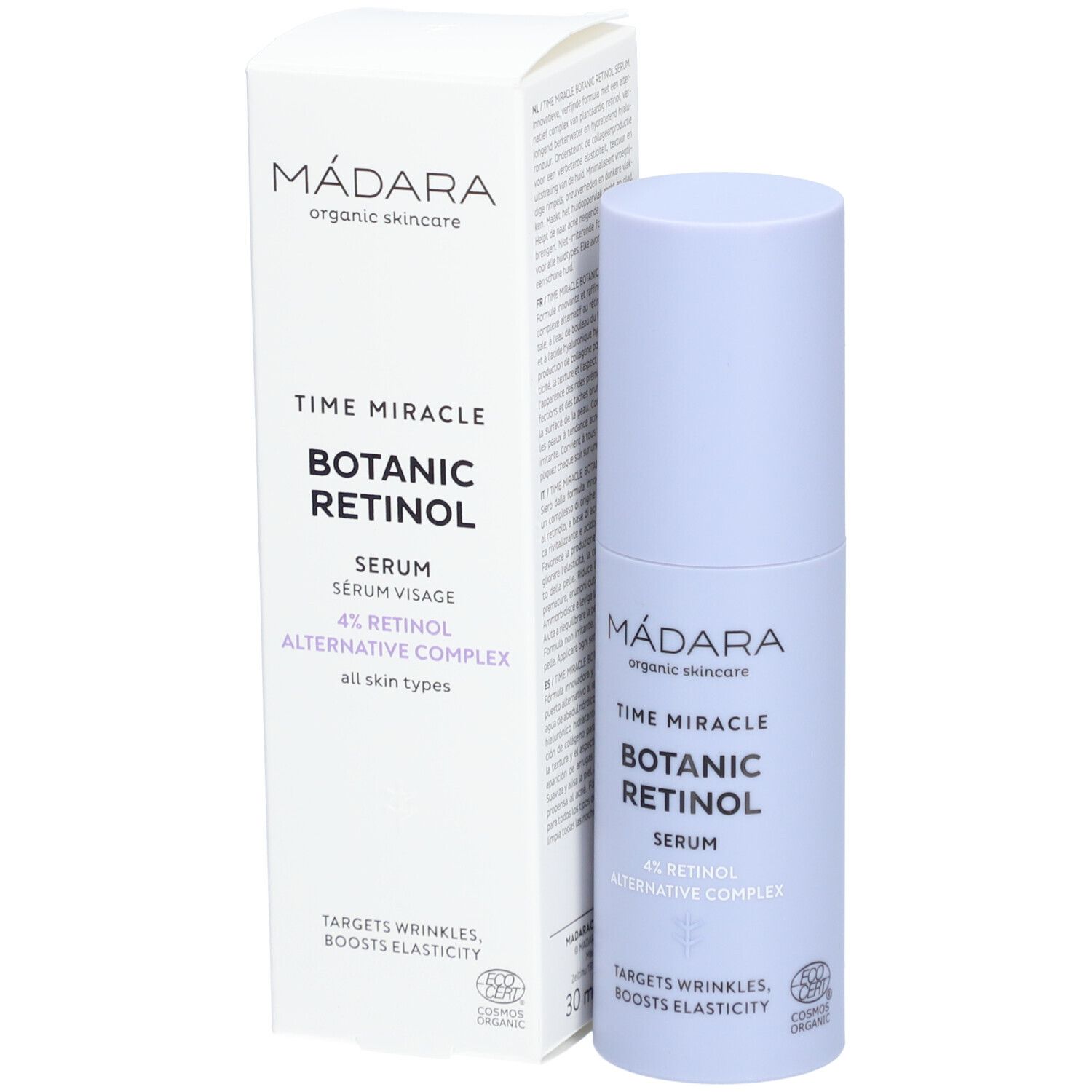 Flacone e confezione di siero. Scritta: Mádara, Time Miracle Botanic Retinol Serum, 4% Retinolo.