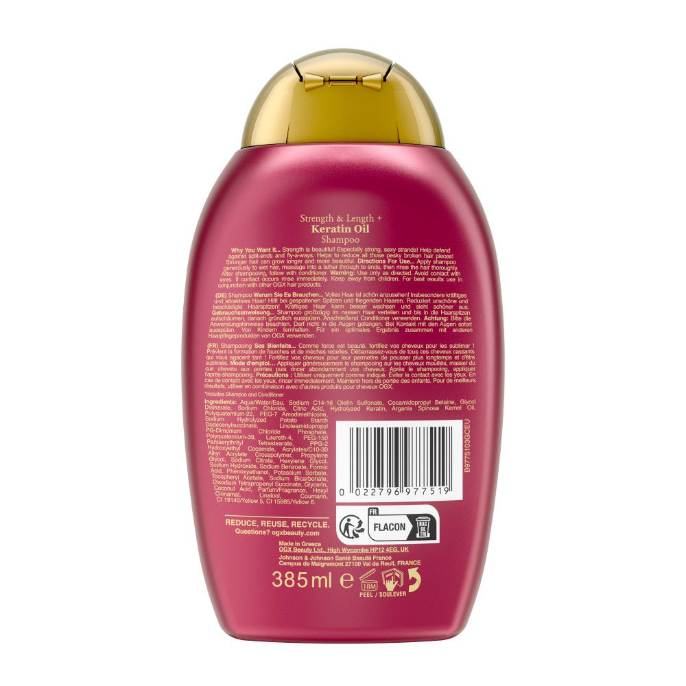 Retro di un flacone di shampoo rosso. Testo e codice a barre. 385 ml.