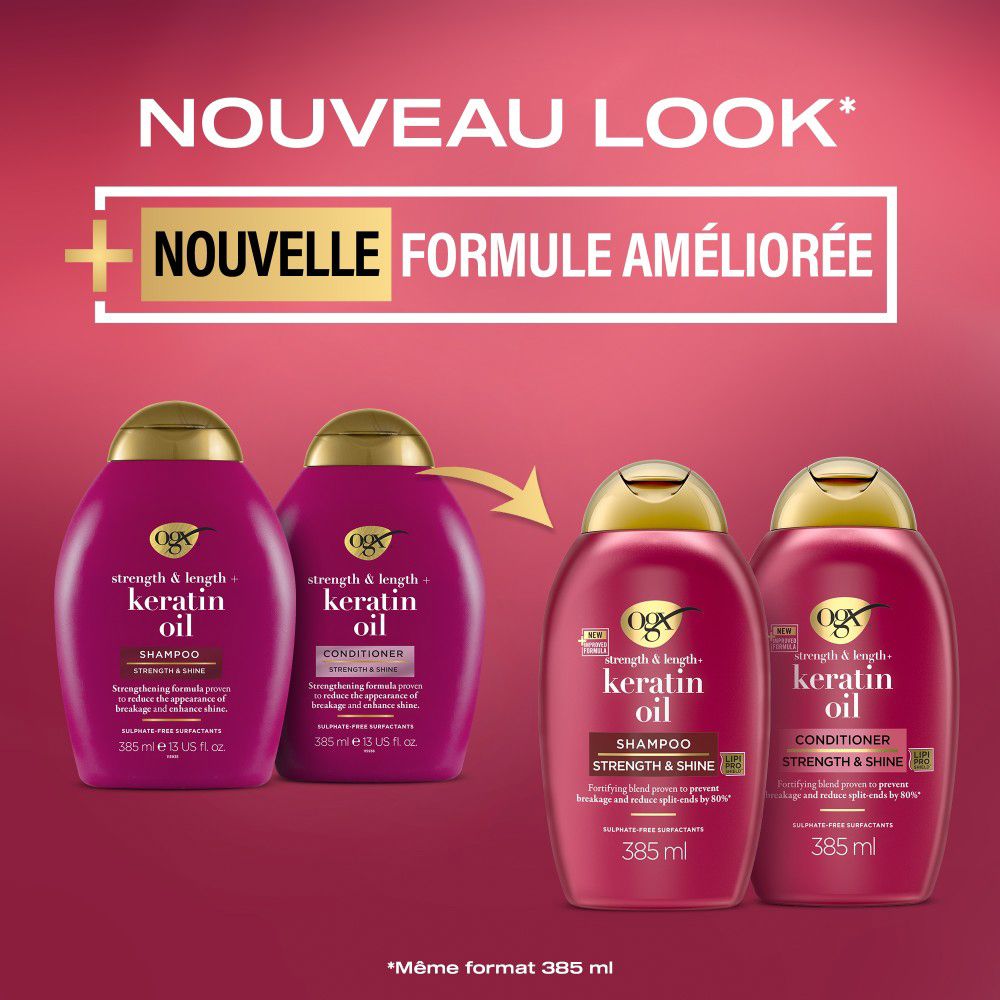 Immagine pubblicitaria con flaconi di shampoo e balsamo. Testo: Nuova formula, Keratin Oil.