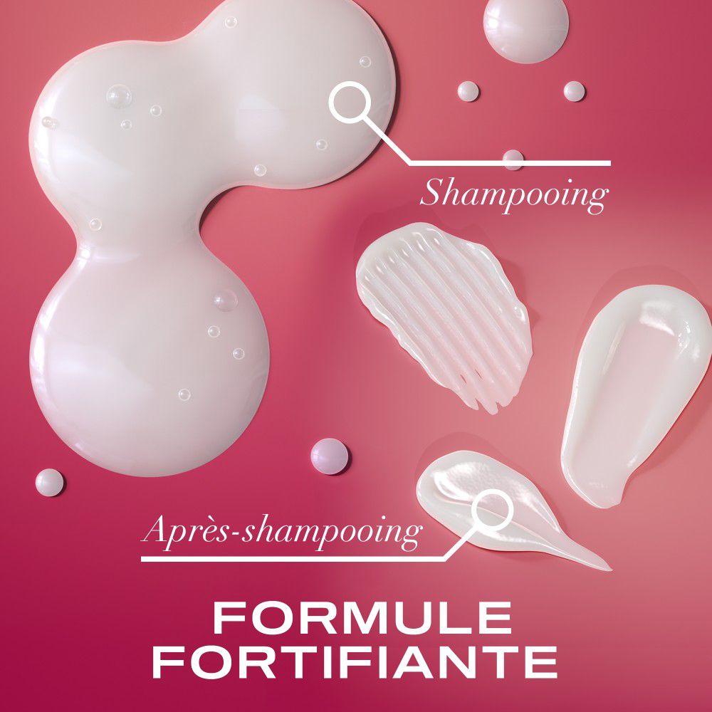 Illustrazione delle texture di shampoo e balsamo. Testo: Formula, Shampooing, Après-shampooing.