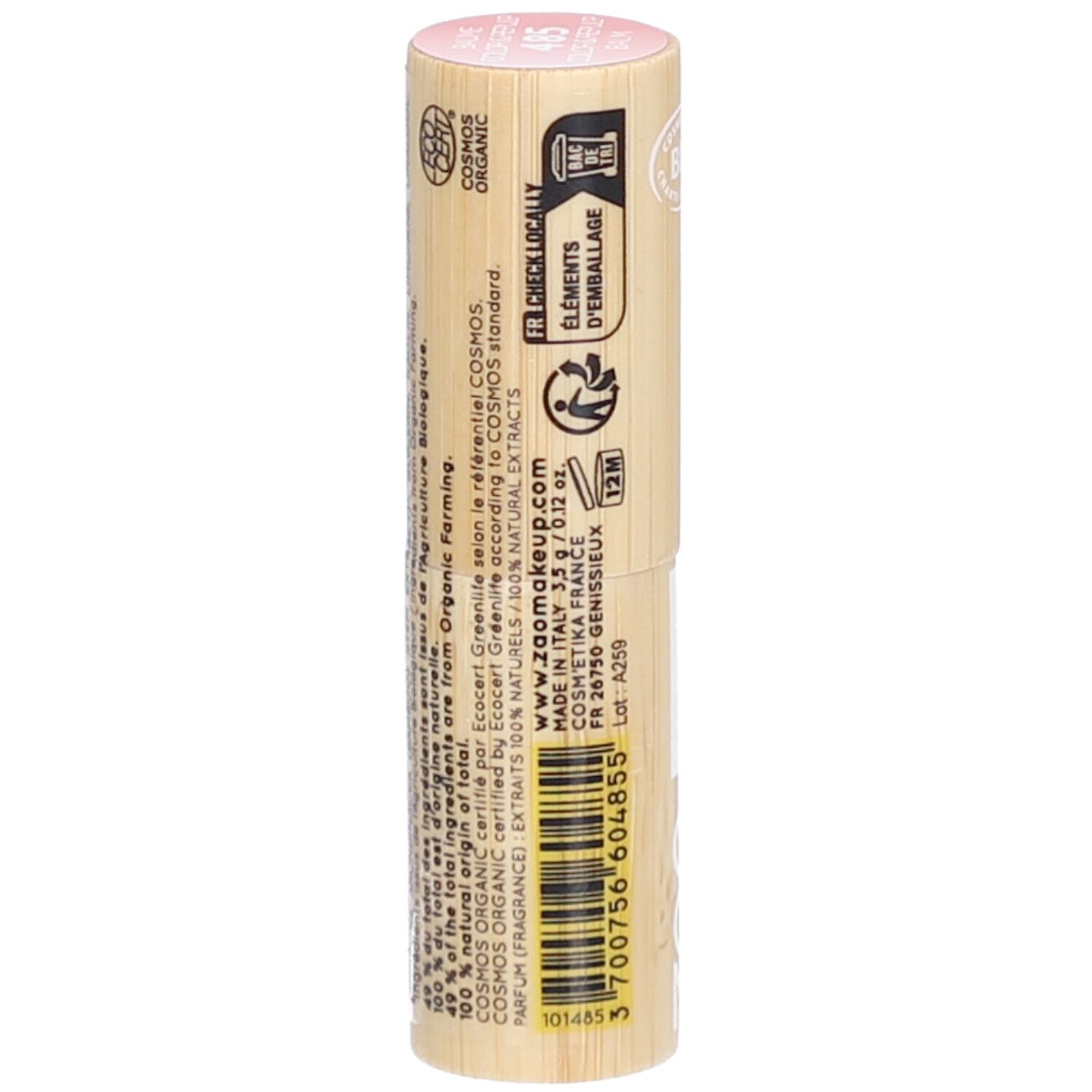 Contenitore cilindrico di balsamo per labbra in legno. Rosa in alto, con stampe. Visibile: COSMOS ORGANIC, testo, codice a barre.