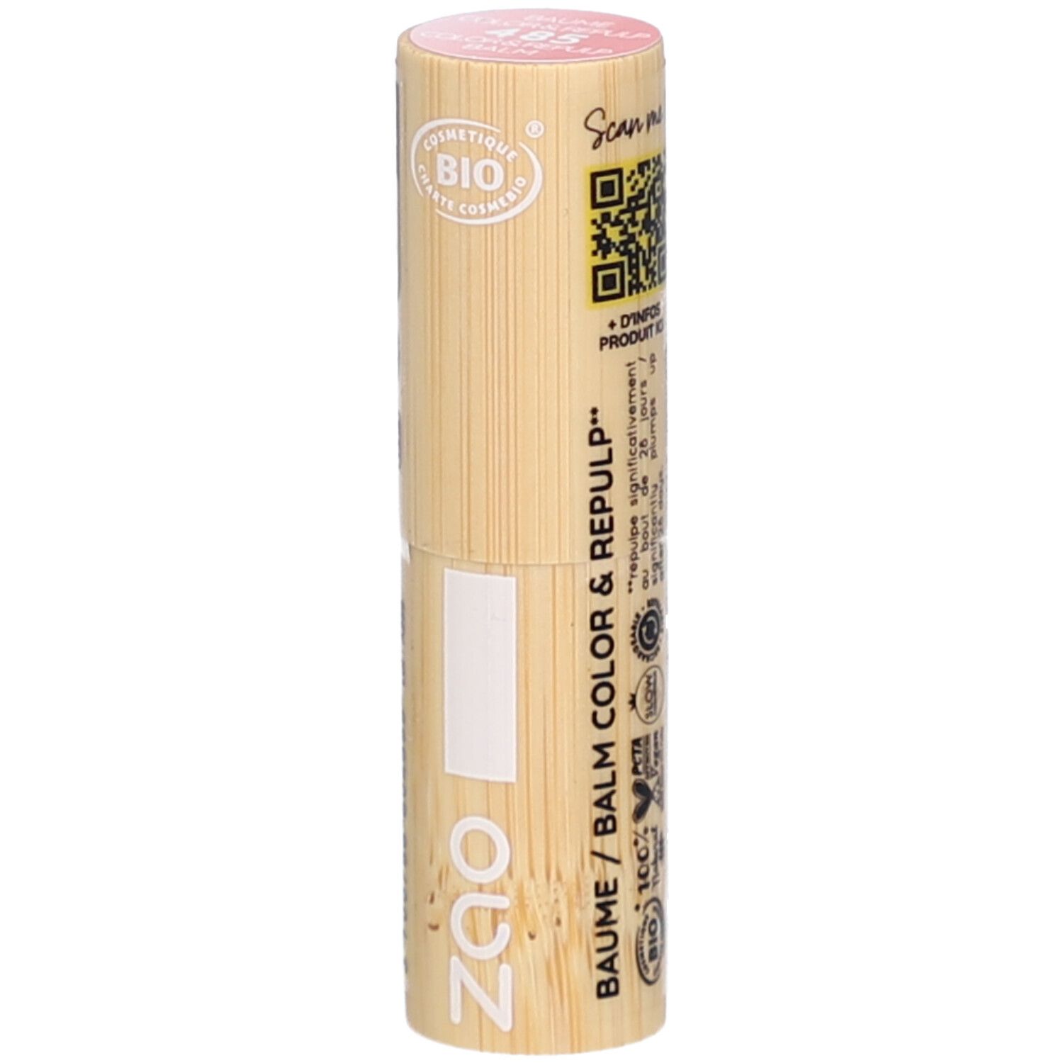 Contenitore cilindrico di balsamo per labbra in legno. Rosa in alto, con stampe. Visibile: logo ZAO, BAUME / COLOR & REPULP, COSMETIQUE BIO.