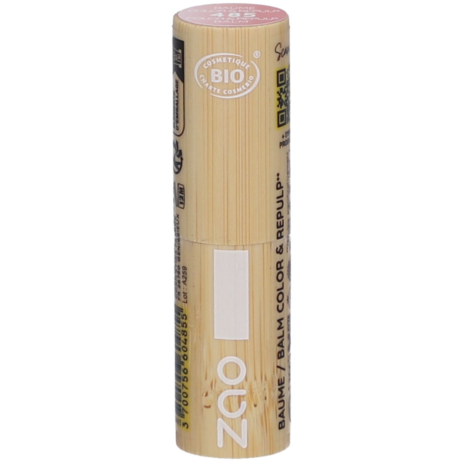 Contenitore cilindrico di balsamo per labbra in legno. Rosa in alto, con stampe. Visibile: logo ZAO, BAUME / COLOR & REPULP, numero colore 405.