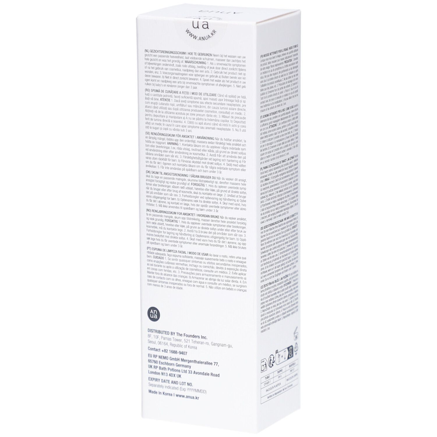 Confezione rettangolare bianca. Scritta: Anua, Heartleaf + BHA, Quercetinol Pore Deep Cleansing Foam. Testo sul lato.