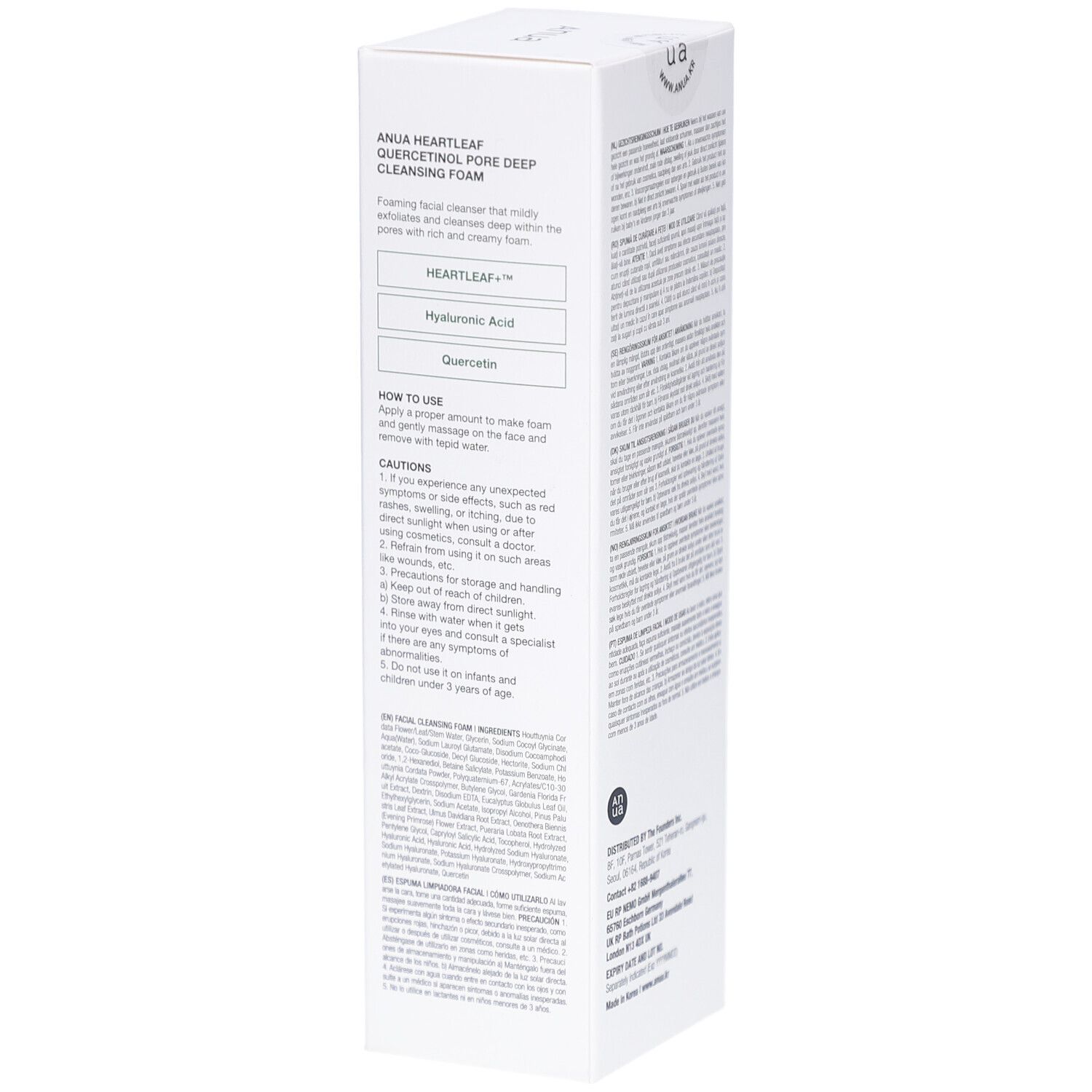 Confezione rettangolare bianca. Scritta: Anua, Heartleaf + BHA, Quercetinol Pore Deep Cleansing Foam. Colori verde e bianco.