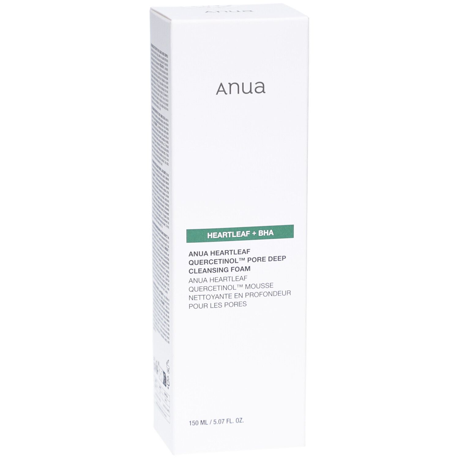 Tubo verde con tappo bianco. Scritta: Anua, Heartleaf Quercetinol Pore Deep Cleansing Foam. Schiuma.
