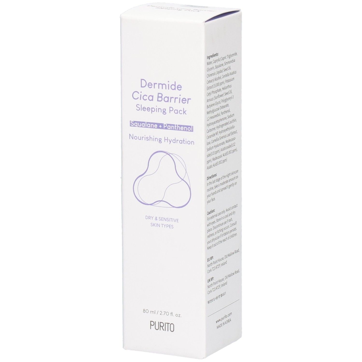Confezione bianca con nome prodotto e logo. Testo: Dermide Cica Barrier Sleeping Pack, Squalane + Panthenol, Nourishing Hydration, Dry & Sensitive Skin Types.