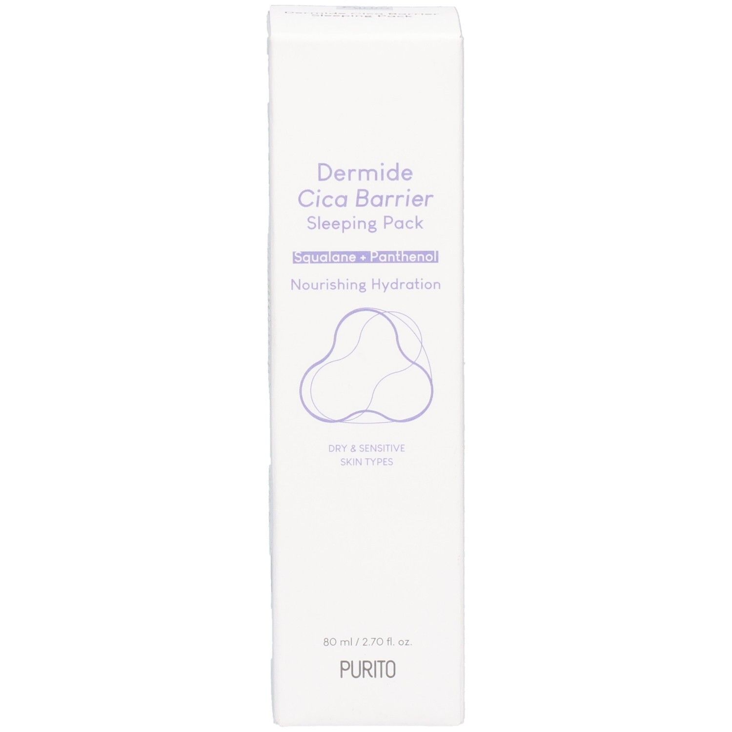 Confezione bianca con nome prodotto e logo. Testo: Dermide Cica Barrier Sleeping Pack, Squalane + Panthenol, Nourishing Hydration, Dry & Sensitive Skin Types.