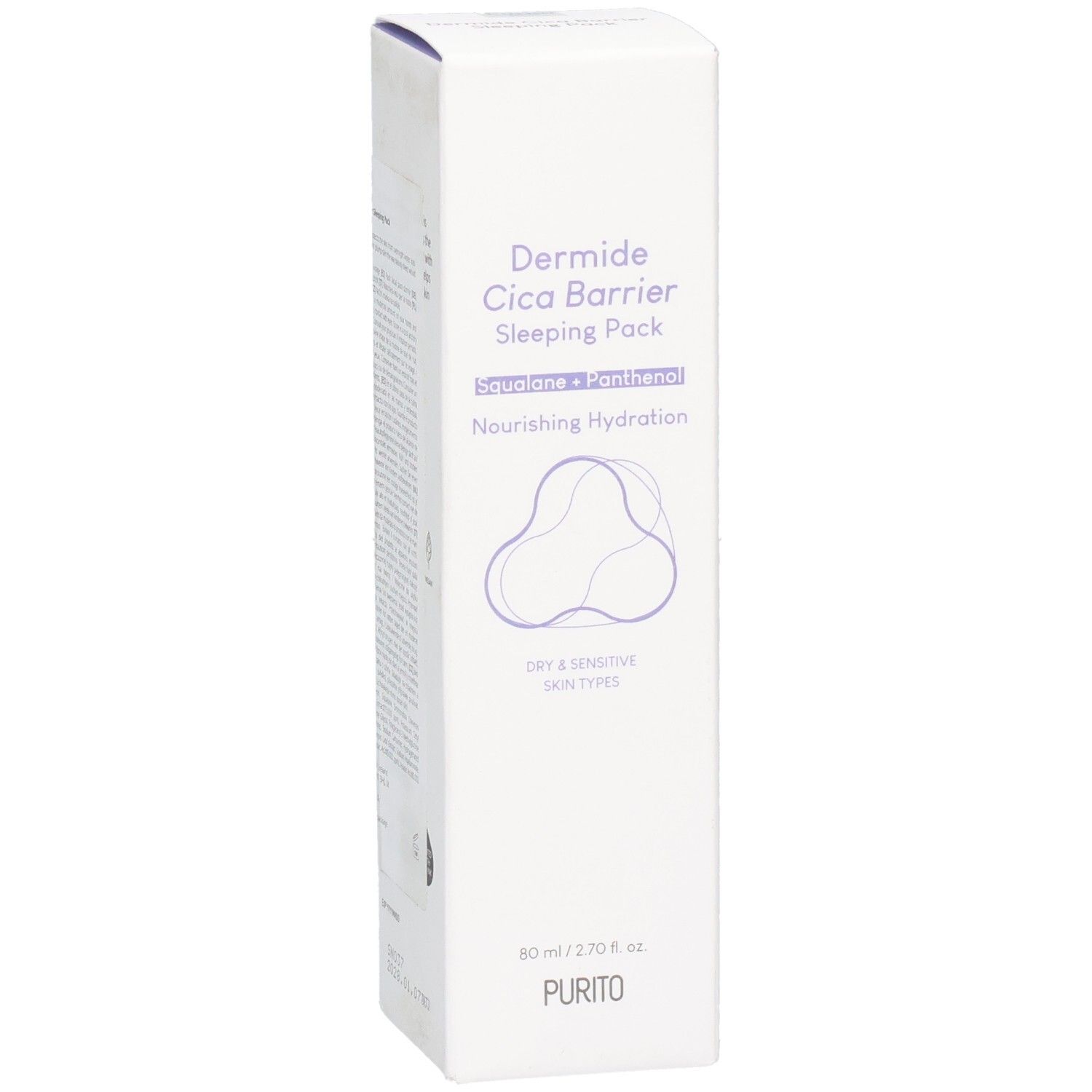 Confezione bianca con nome prodotto e logo. Testo: Dermide Cica Barrier Sleeping Pack, Squalane + Panthenol, Nourishing Hydration, Dry & Sensitive Skin Types.